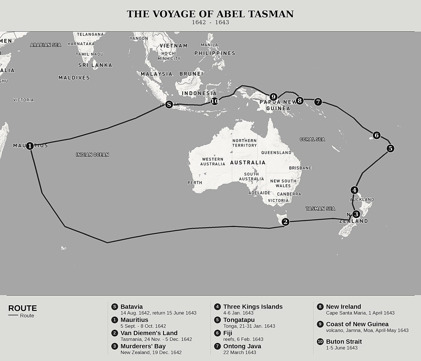 Overview map of Abel Janszoon Tasman's Journal by Abel Janszoon Tasman, north at top: 1642  -  1643.