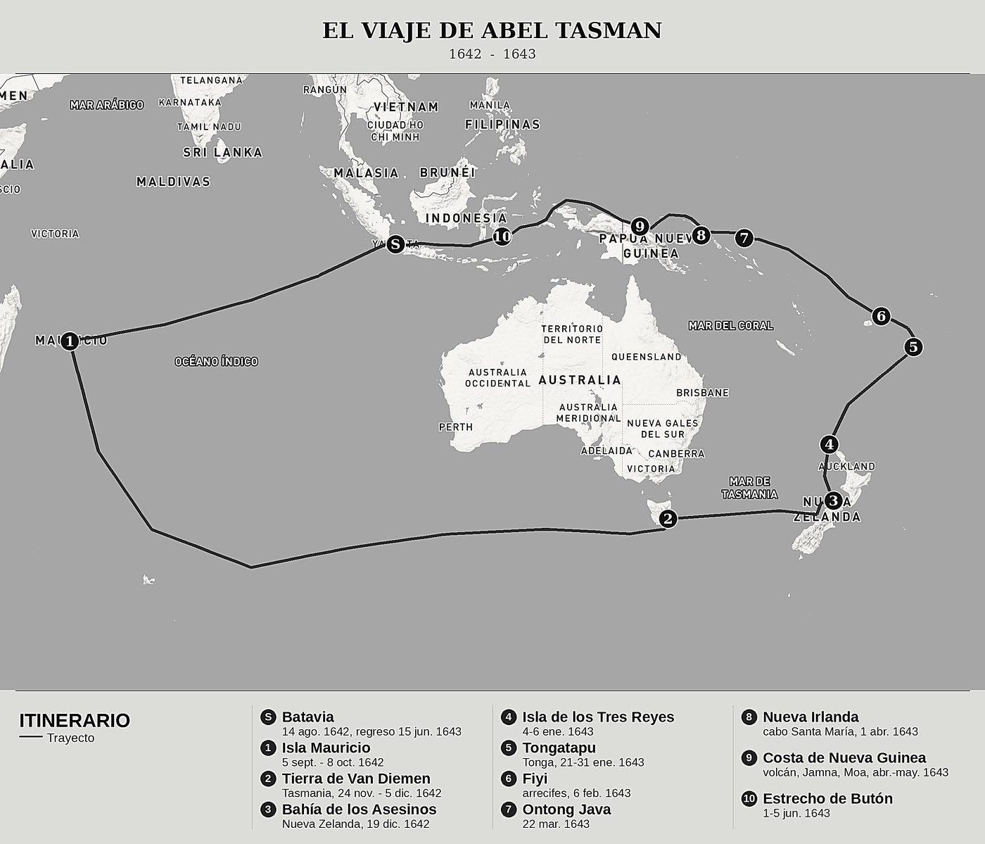 Mapa general de Diario de un viaje en busca de la Tierra Austral desconocida de Abel Janszoon Tasman, norte arriba: 1642  -  1643.