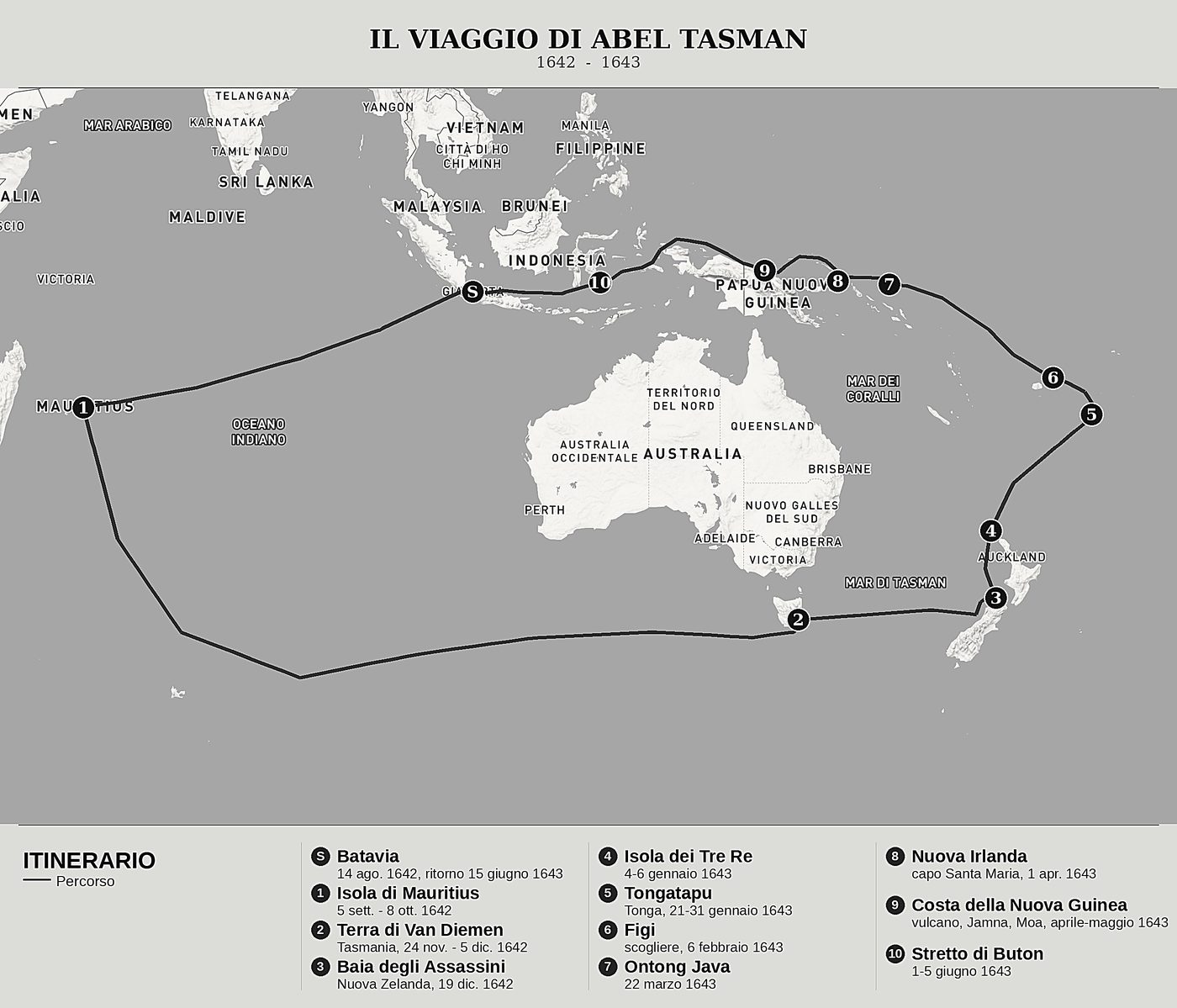 Mappa d'insieme di Diario di un viaggio alla scoperta della Terra australe sconosciuta di Abel Janszoon Tasman, nord in alto: 1642  -  1643.