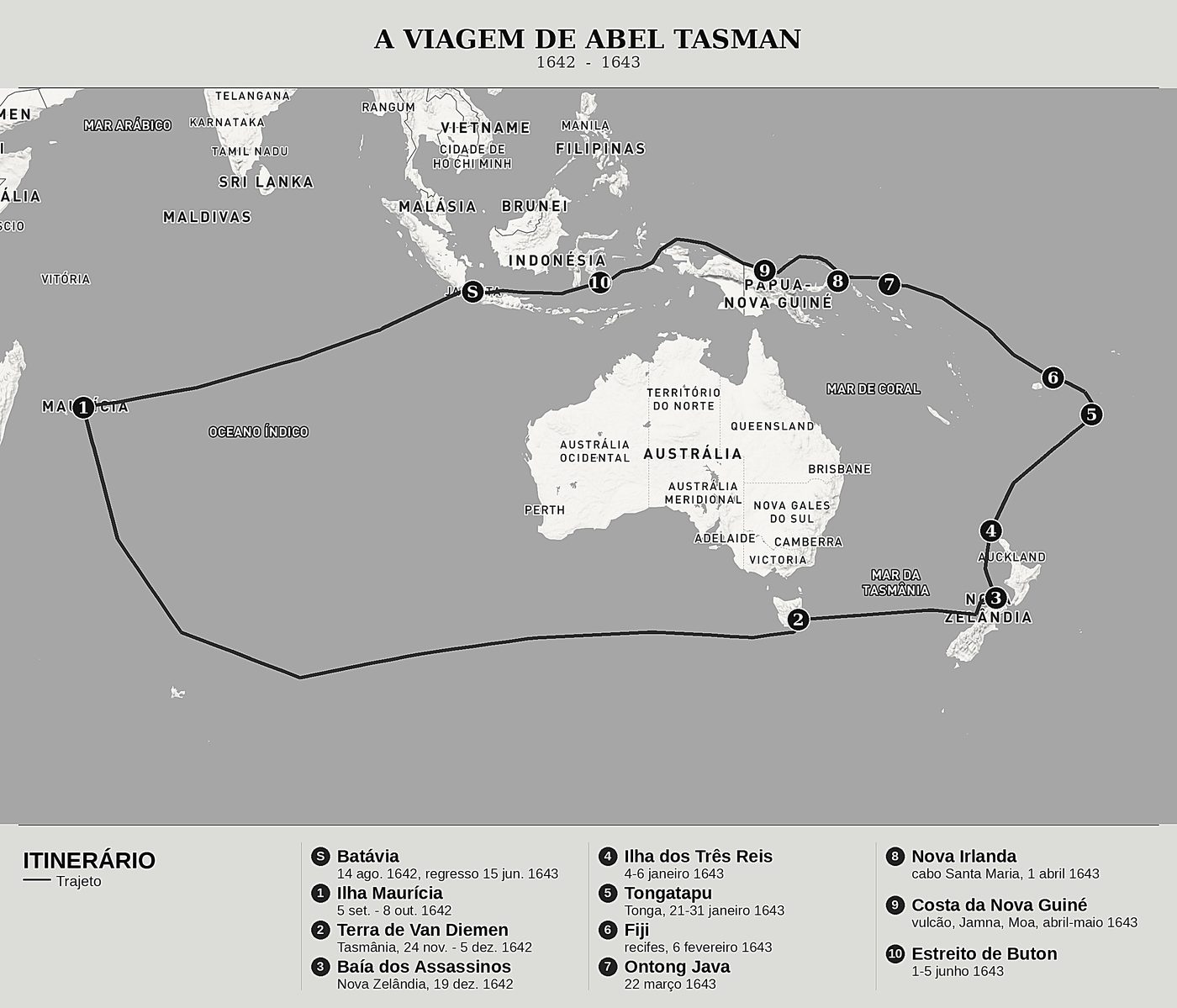 Mapa geral de Diário de uma viagem à descoberta da Terra Austral desconhecida de Abel Janszoon Tasman, norte em cima: 1642  -  1643.