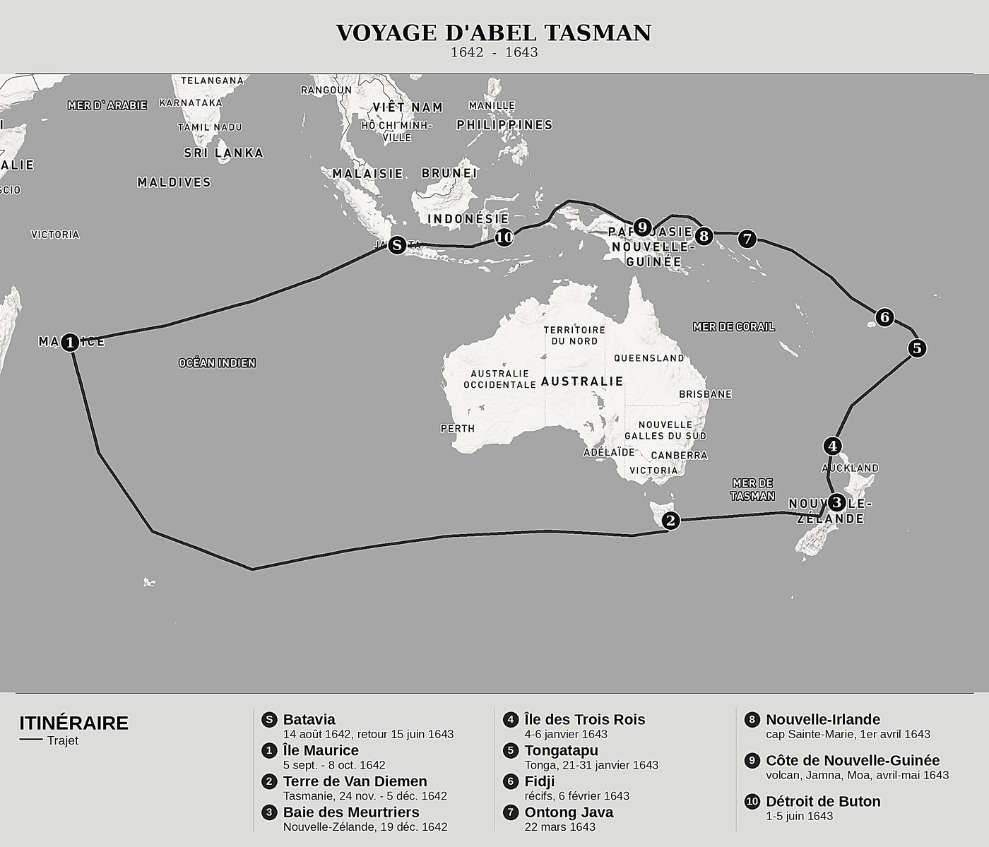 Carte d'ensemble de Journal d'un voyage à la découverte de la Terre australe inconnue de Abel Janszoon Tasman, nord en haut : 1642  -  1643.