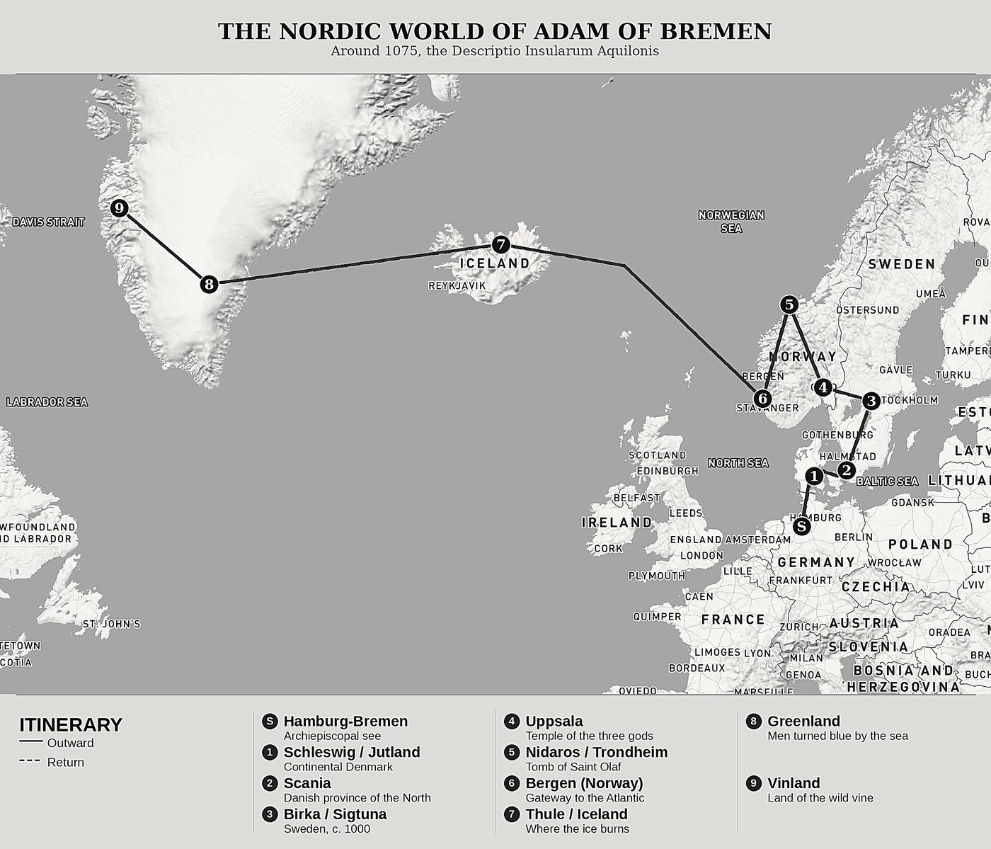 Overview map of The Description of the Northern Islands by Adam de Brême, north at top: around 1075, the descriptio insularum aquilonis.