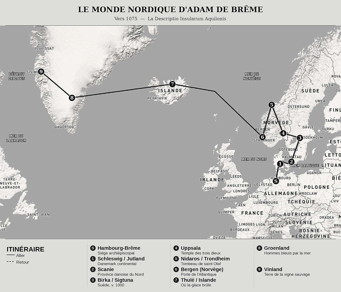 Carte d'ensemble de La Description des îles du Nord de Adam de Brême, nord en haut : vers 1075  —  la descriptio insularum aquilonis.