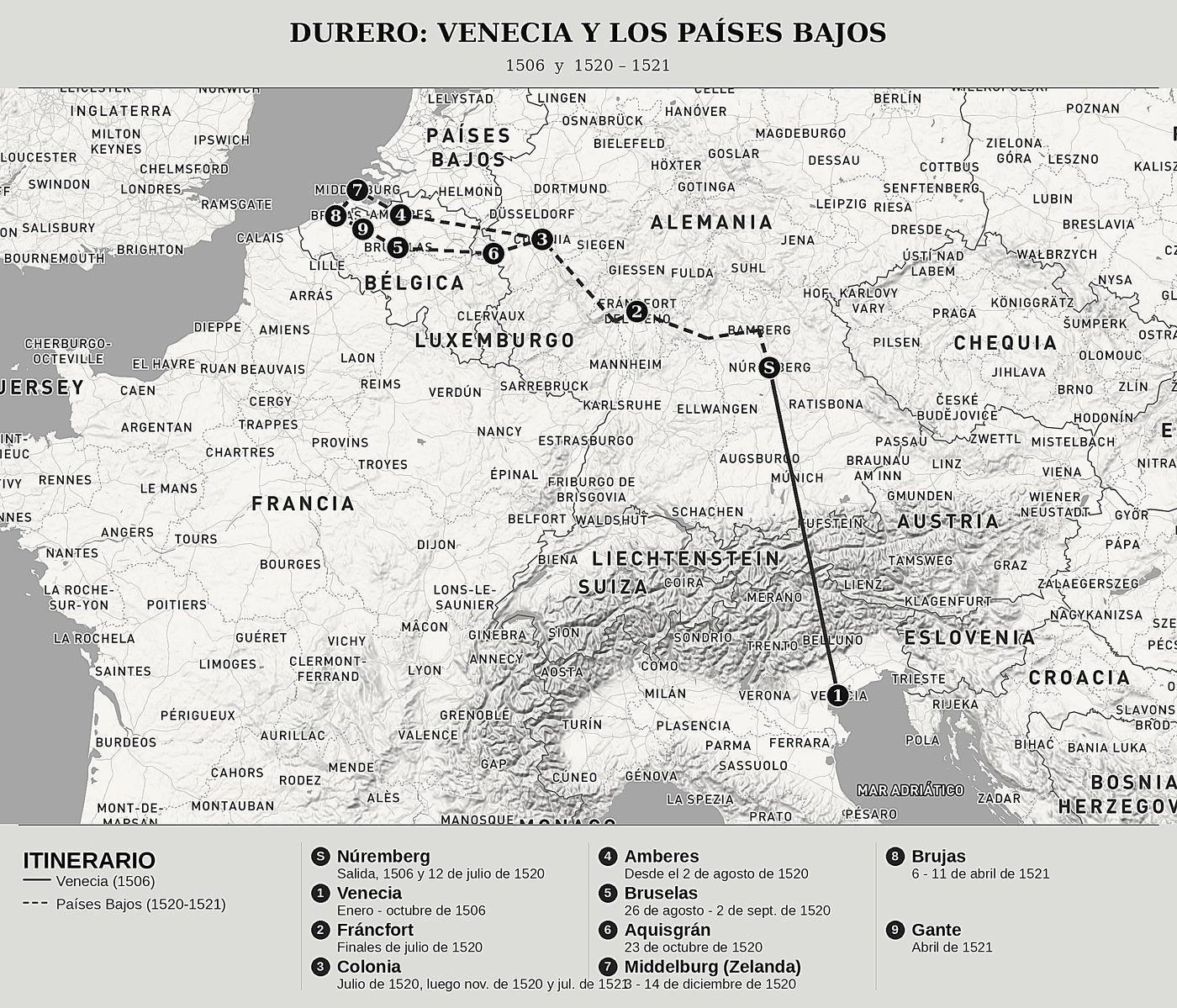 Mapa general de Cartas desde Venecia y diario del viaje a los Países Bajos de Albrecht Dürer, norte arriba: 1506  y  1520 – 1521.