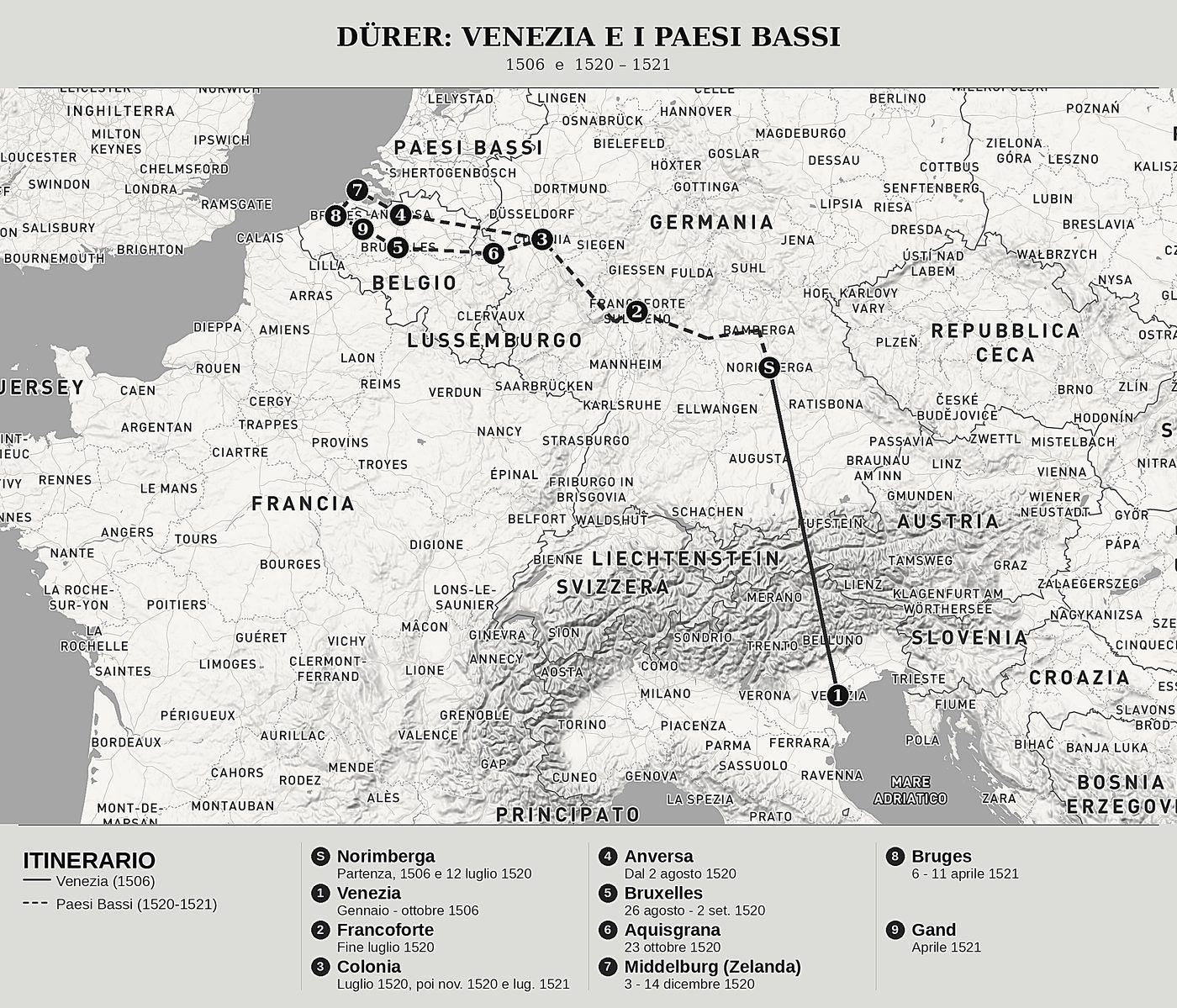 Mappa d'insieme di Lettere da Venezia e diario del viaggio nei Paesi Bassi di Albrecht Dürer, nord in alto: 1506  e  1520 – 1521.