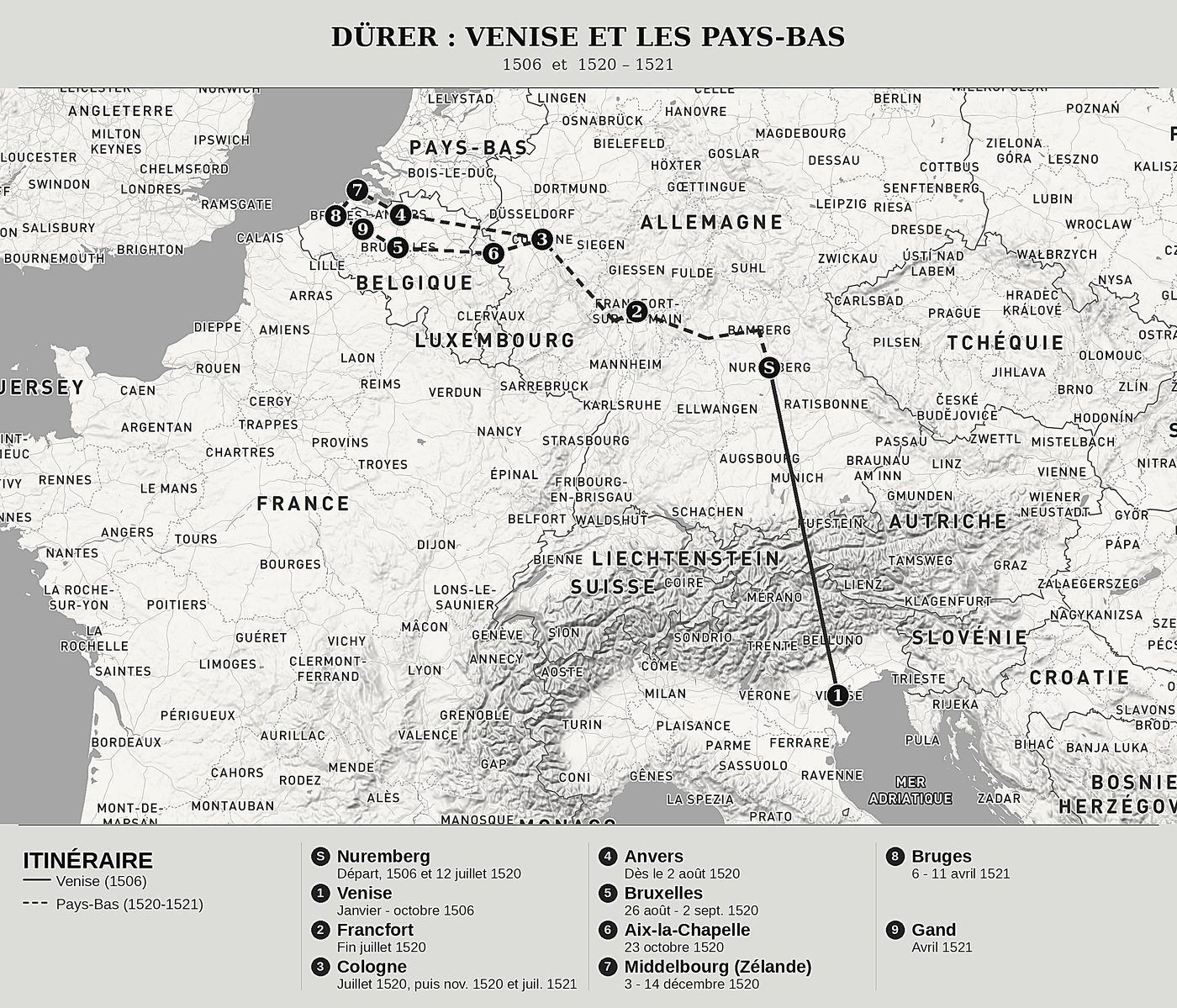 Carte d'ensemble de Lettres de Venise et journal du voyage aux Pays-Bas de Albrecht Dürer, nord en haut : 1506  et  1520 – 1521.