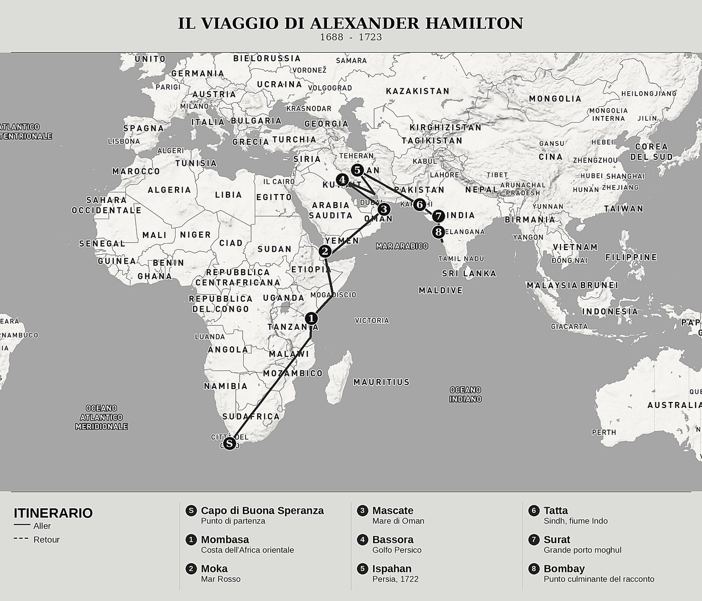 Mappa d'insieme di Trent'anni sui mari delle Indie, Tomo I: l'Africa, l'Arabia e le porte dell'India di Alexander Hamilton, nord in alto: 1688  -  1723.