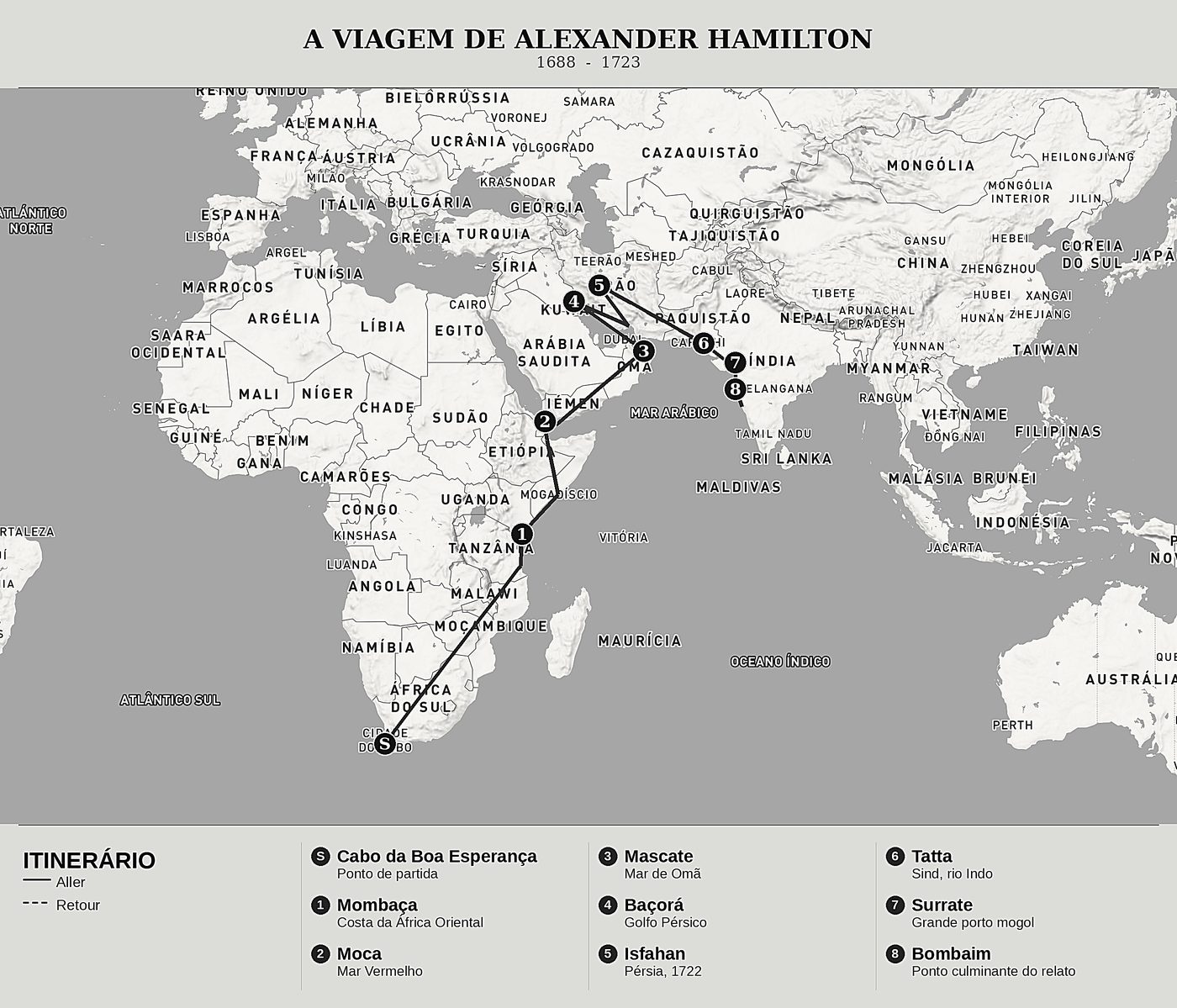 Mapa geral de Trinta anos nos mares das Índias, Tomo I: A África, a Arábia e as portas da Índia de Alexander Hamilton, norte em cima: 1688  -  1723.