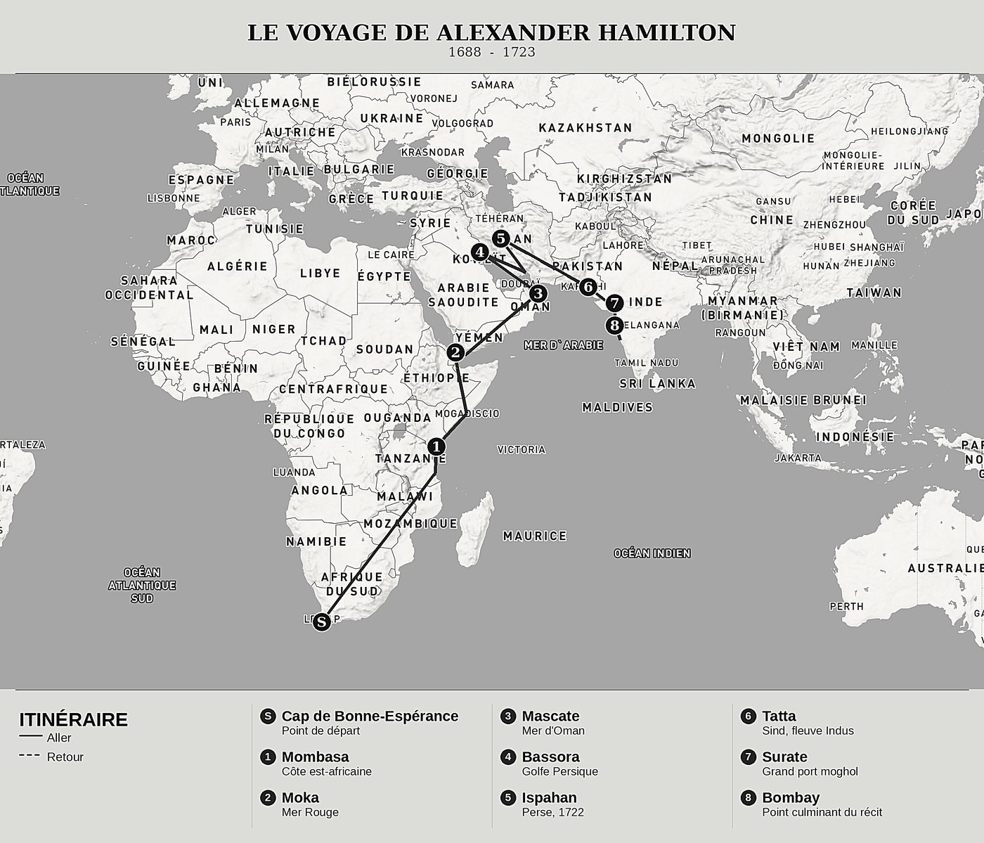 Carte d'ensemble de Trente ans sur les mers des Indes, Tome I : L'Afrique, l'Arabie et les portes de l'Inde de Alexander Hamilton, nord en haut : 1688  -  1723.