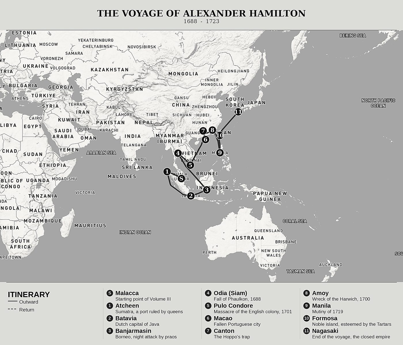 Overview map of Thirty Years on the Seas of the Indies by Alexander Hamilton, north at top: 1688  -  1723.