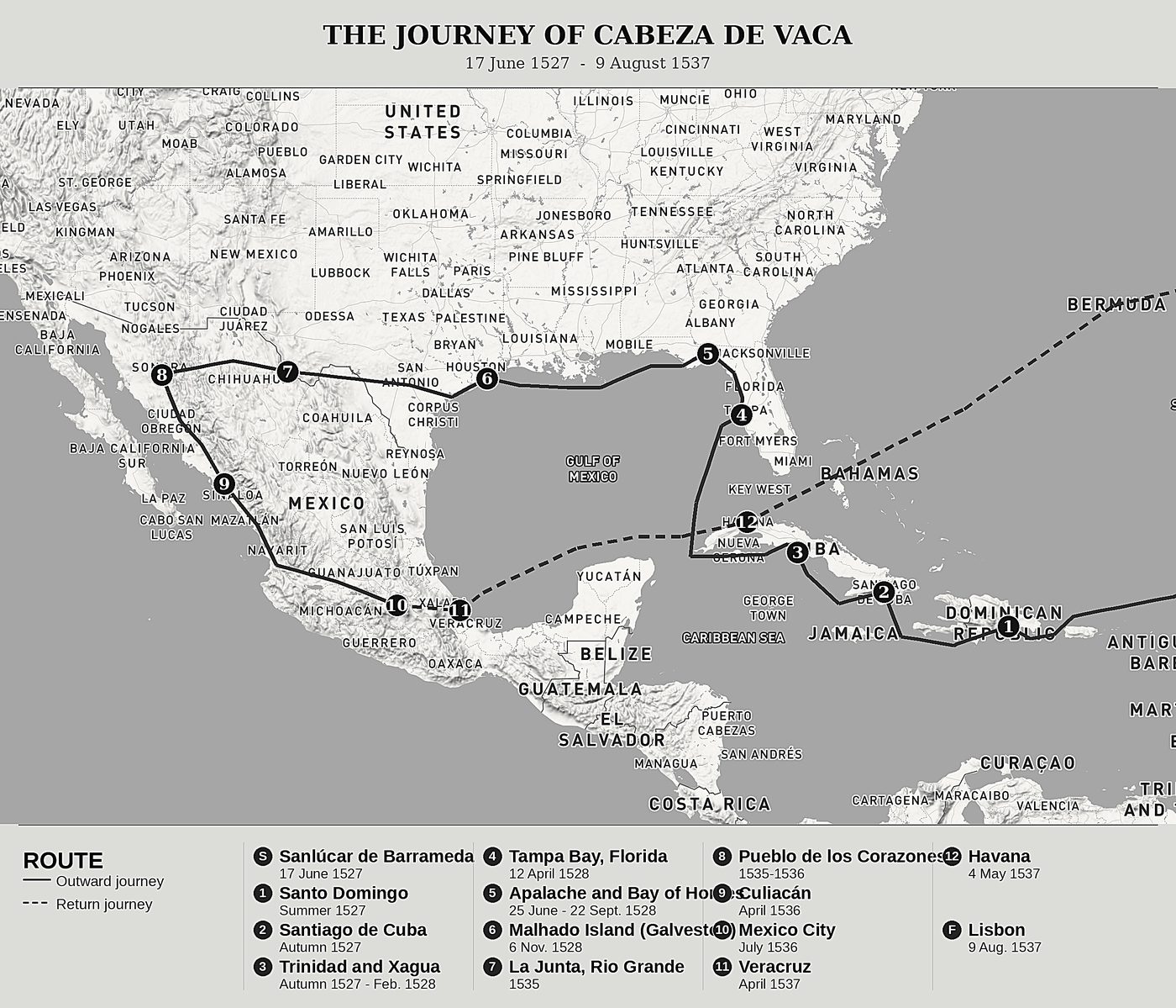 Overview map of The Narrative of Alvar Núñez Cabeza de Vaca by Álvar Núñez Cabeza de Vaca, north at top: 17 june 1527  -  9 august 1537.
