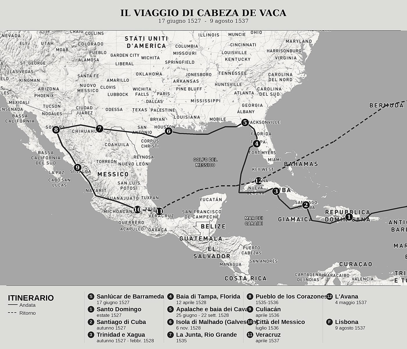 Mappa d'insieme di Naufragi di Álvar Núñez Cabeza de Vaca, nord in alto: 17 giugno 1527  -  9 agosto 1537.