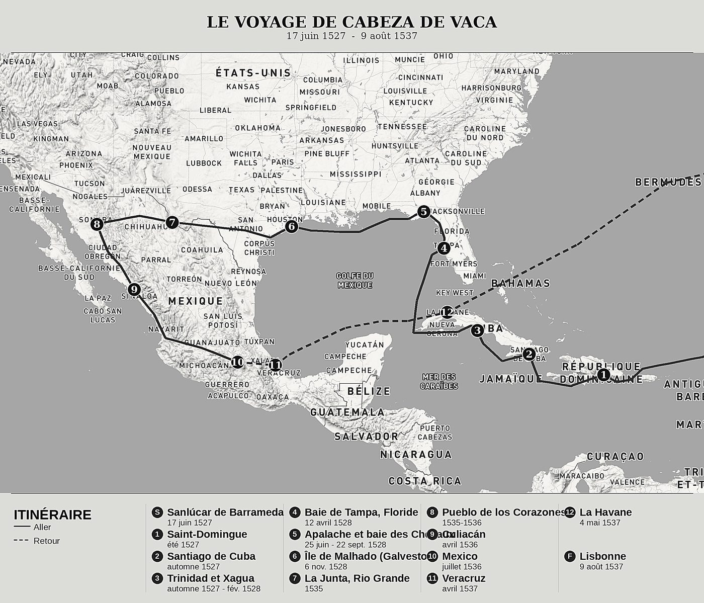 Carte d'ensemble de Naufrages de Álvar Núñez Cabeza de Vaca, nord en haut : 17 juin 1527  -  9 août 1537.