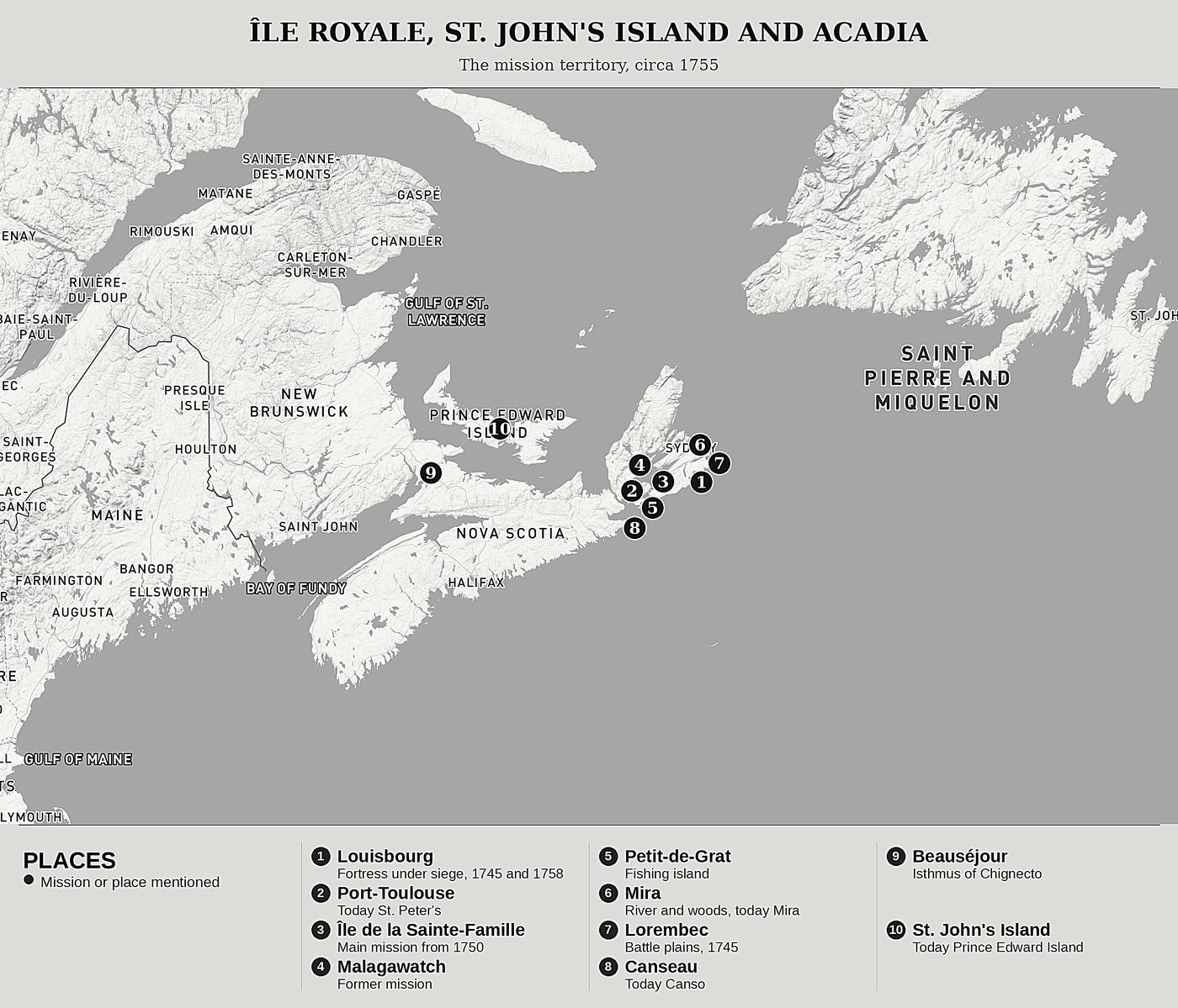 Overview map of Customs and Manners of the Mi'kmaq by Antoine Simon Maillard, north at top: the mission territory, circa 1755.