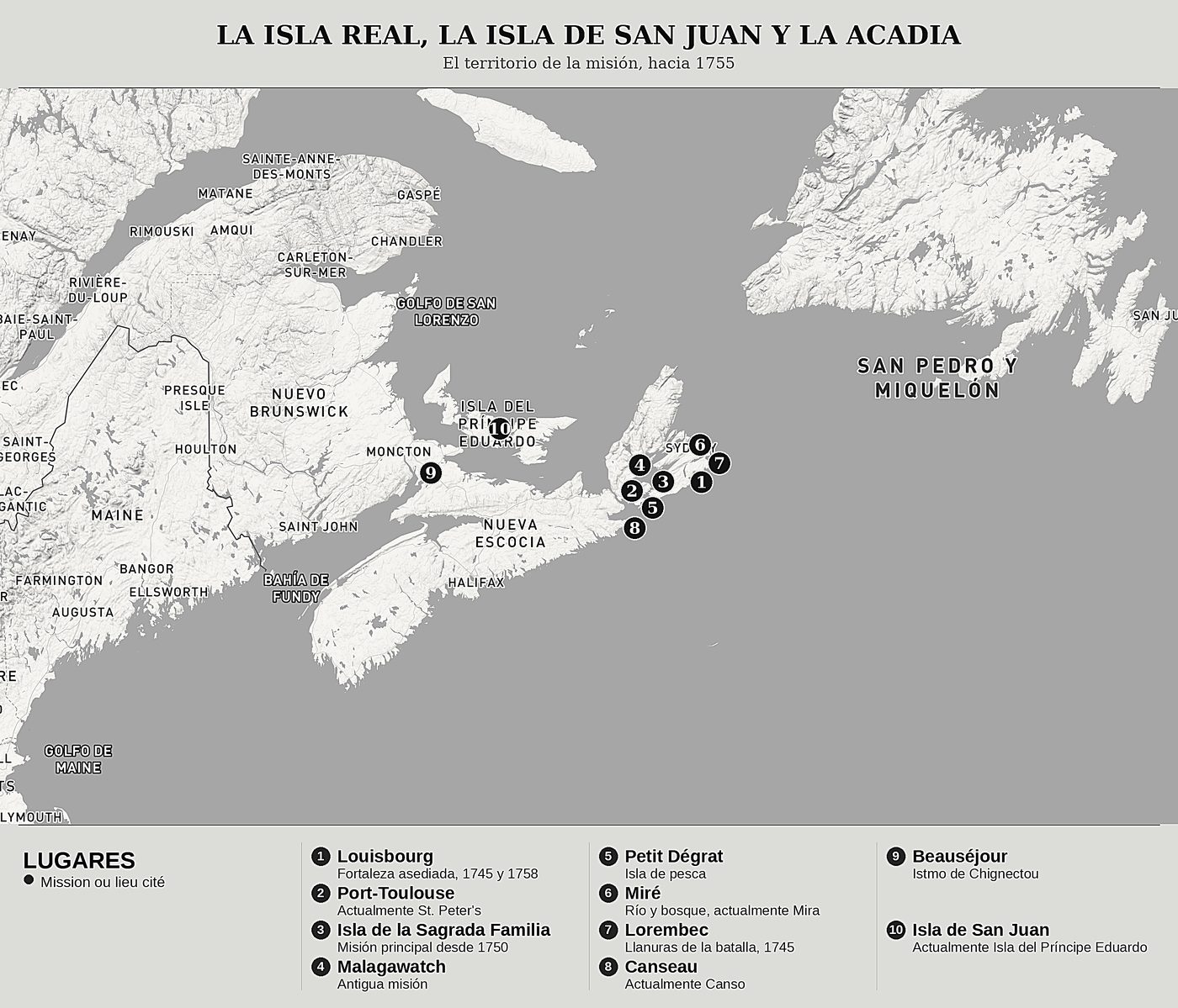 Mapa general de Usos y costumbres de los micmacs de Antoine Simon Maillard, norte arriba: el territorio de la misión, hacia 1755.
