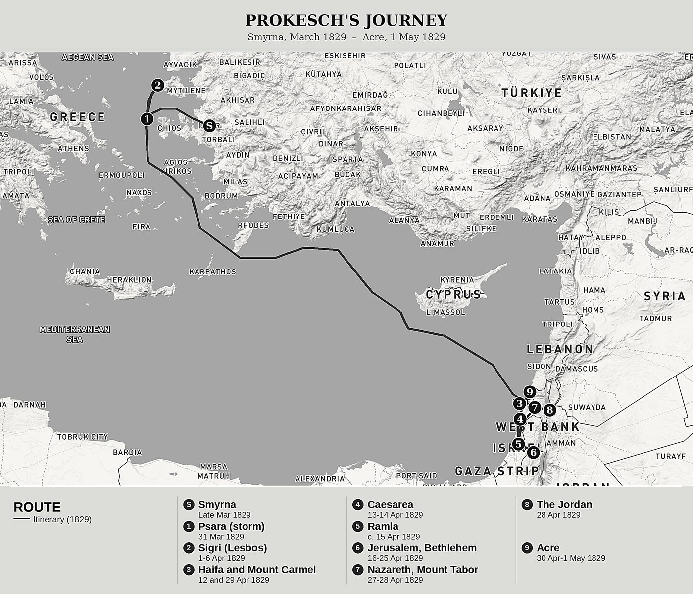Overview map of Journey to the Holy Land by Anton Prokesch von Osten, north at top: smyrna, march 1829  –  acre, 1 may 1829.