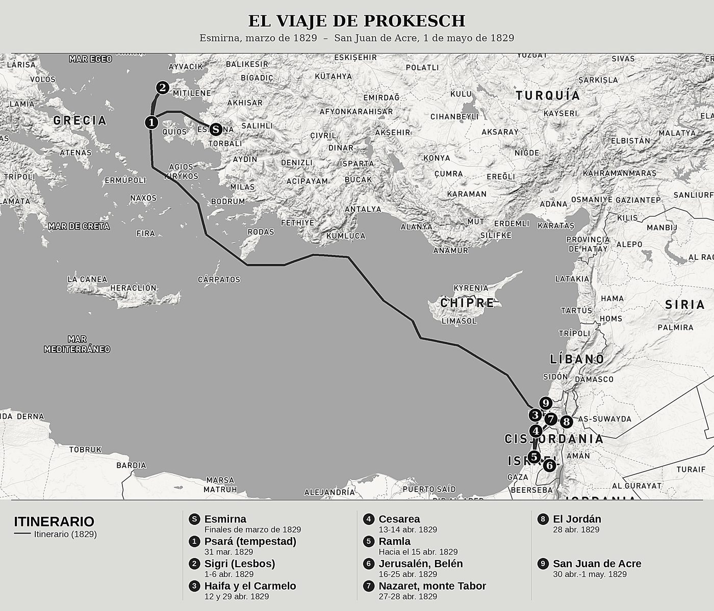 Mapa general de Viaje a Tierra Santa de Anton Prokesch von Osten, norte arriba: esmirna, marzo de 1829  –  san juan de acre, 1 de mayo de 1829.