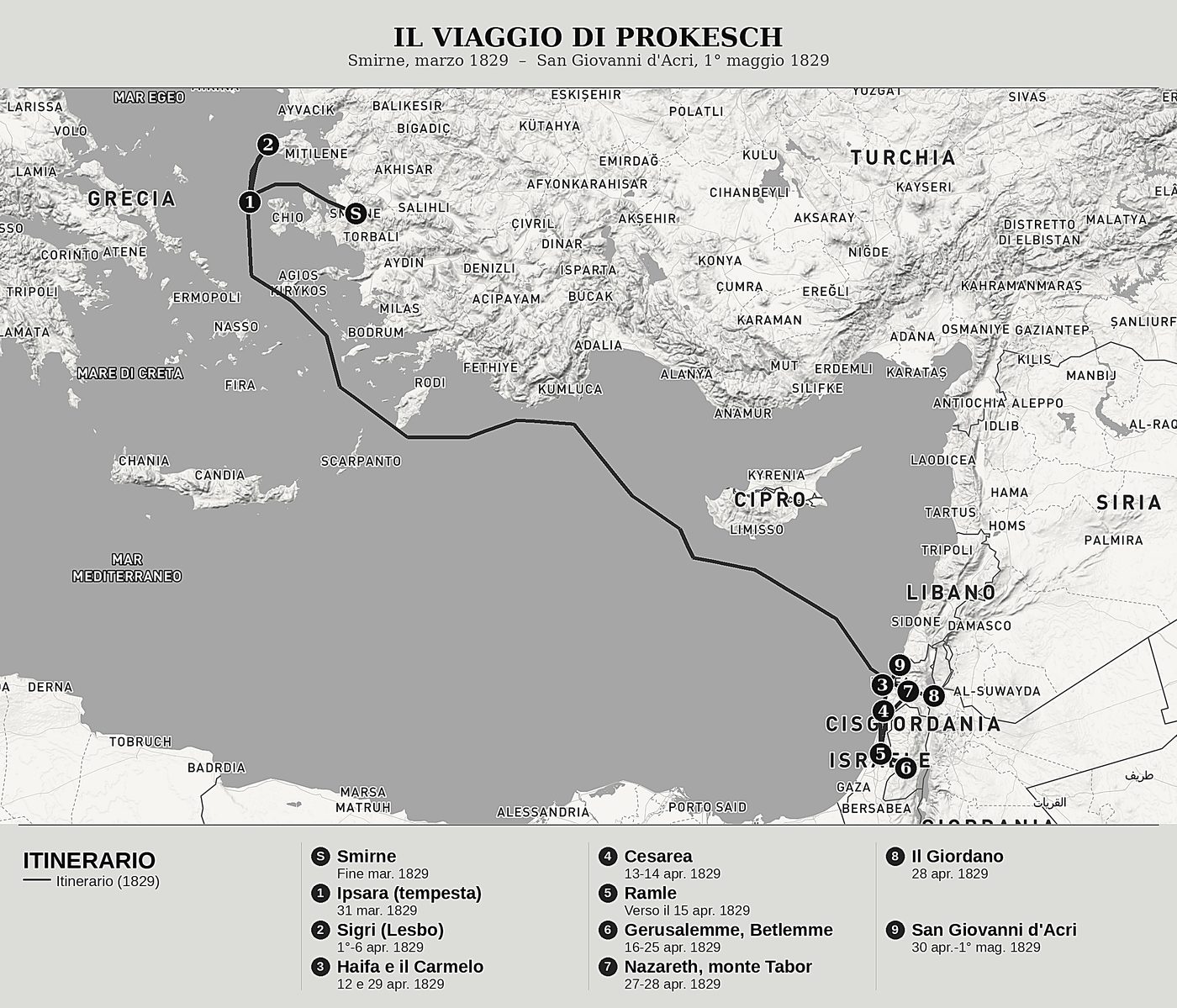 Mappa d'insieme di Viaggio in Terra Santa di Anton Prokesch von Osten, nord in alto: smirne, marzo 1829  –  san giovanni d'acri, 1° maggio 1829.