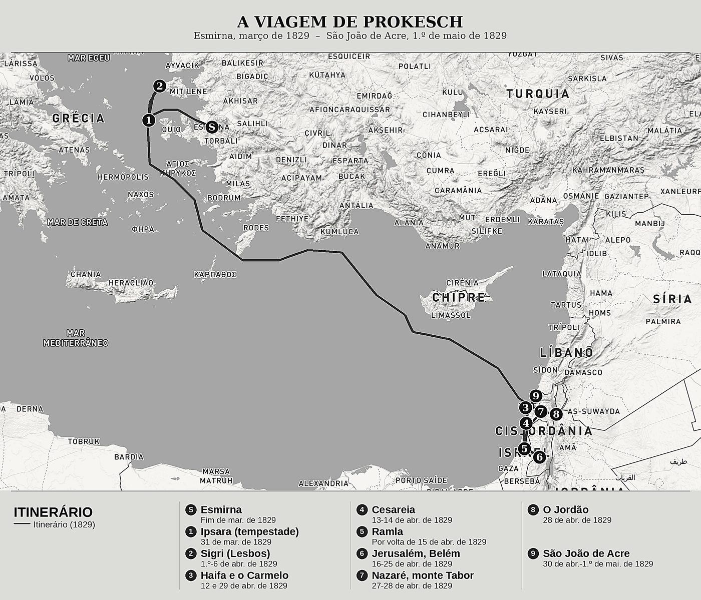 Mapa geral de Viagem à Terra Santa de Anton Prokesch von Osten, norte em cima: esmirna, março de 1829  –  são joão de acre, 1.º de maio de 1829.