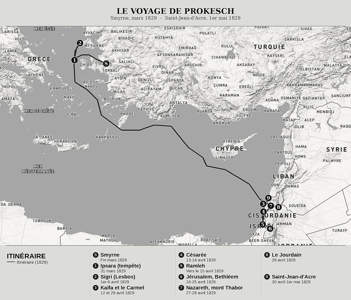 Carte d'ensemble de Voyage en Terre sainte de Anton Prokesch von Osten, nord en haut : smyrne, mars 1829  –  saint-jean-d'acre, 1er mai 1829.