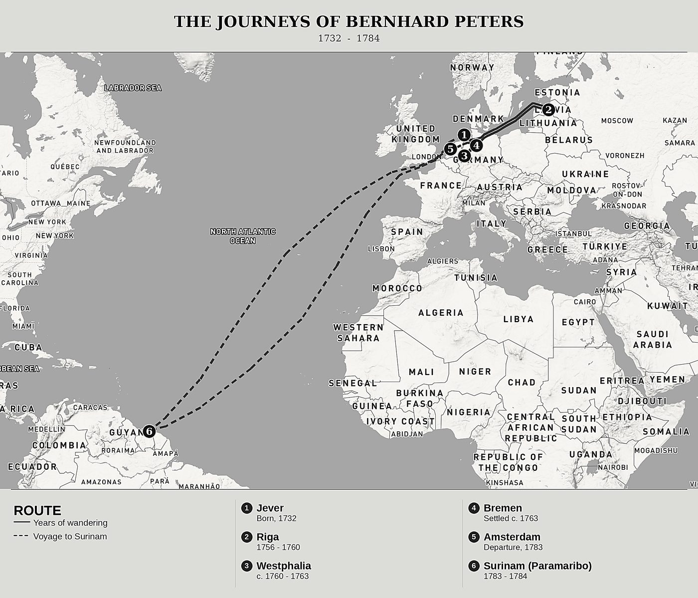 Overview map of A Most Remarkable Journey from Amsterdam to Surinam by Bernhard Michael Peters, north at top: 1732  -  1784.