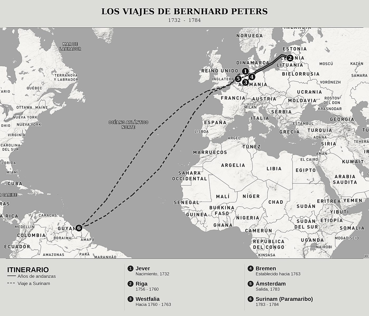 Mapa general de Un viaje de lo más notable de Ámsterdam a Surinam de Bernhard Michael Peters, norte arriba: 1732  -  1784.