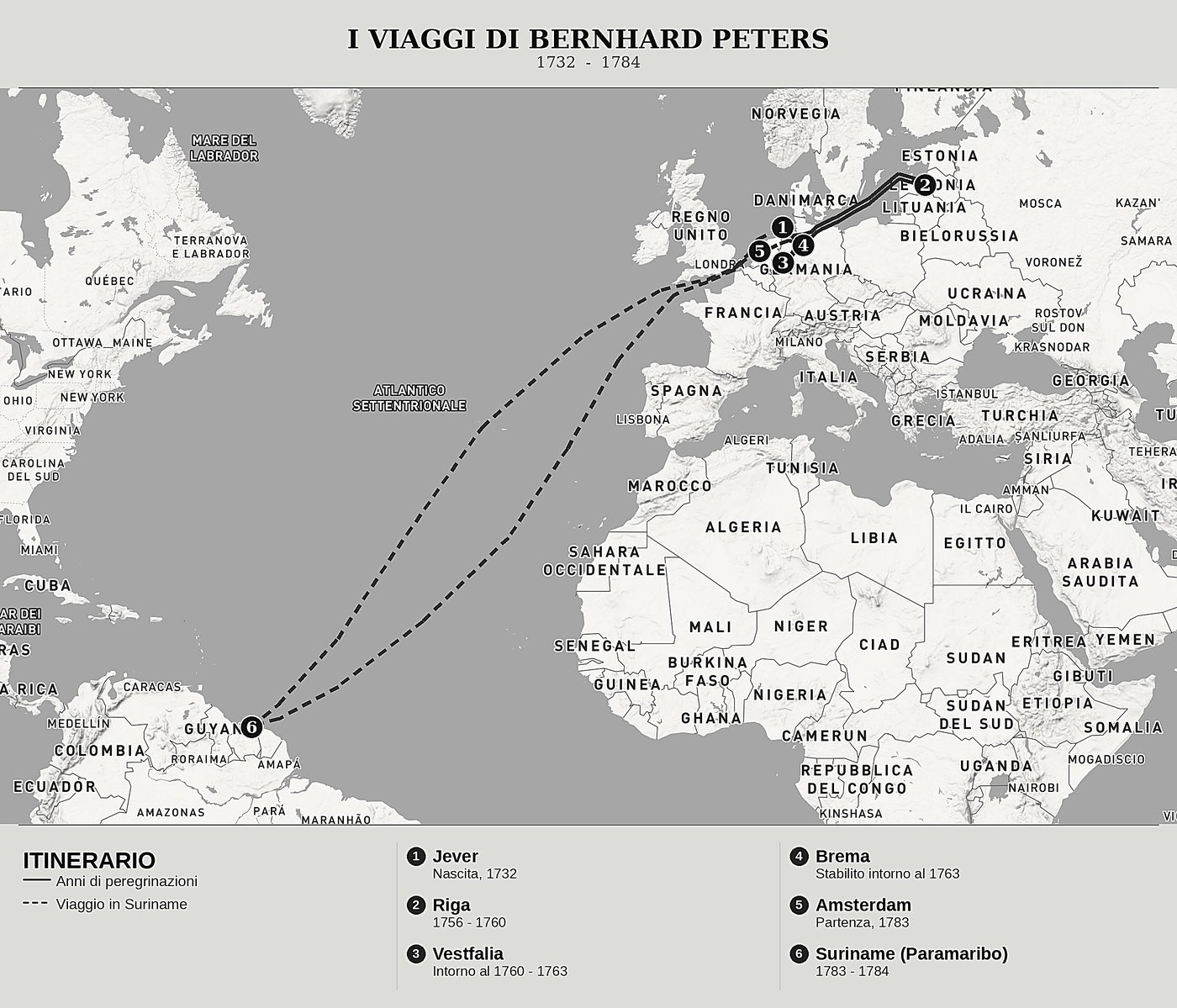 Mappa d'insieme di Un viaggio dei più notevoli da Amsterdam al Suriname di Bernhard Michael Peters, nord in alto: 1732  -  1784.