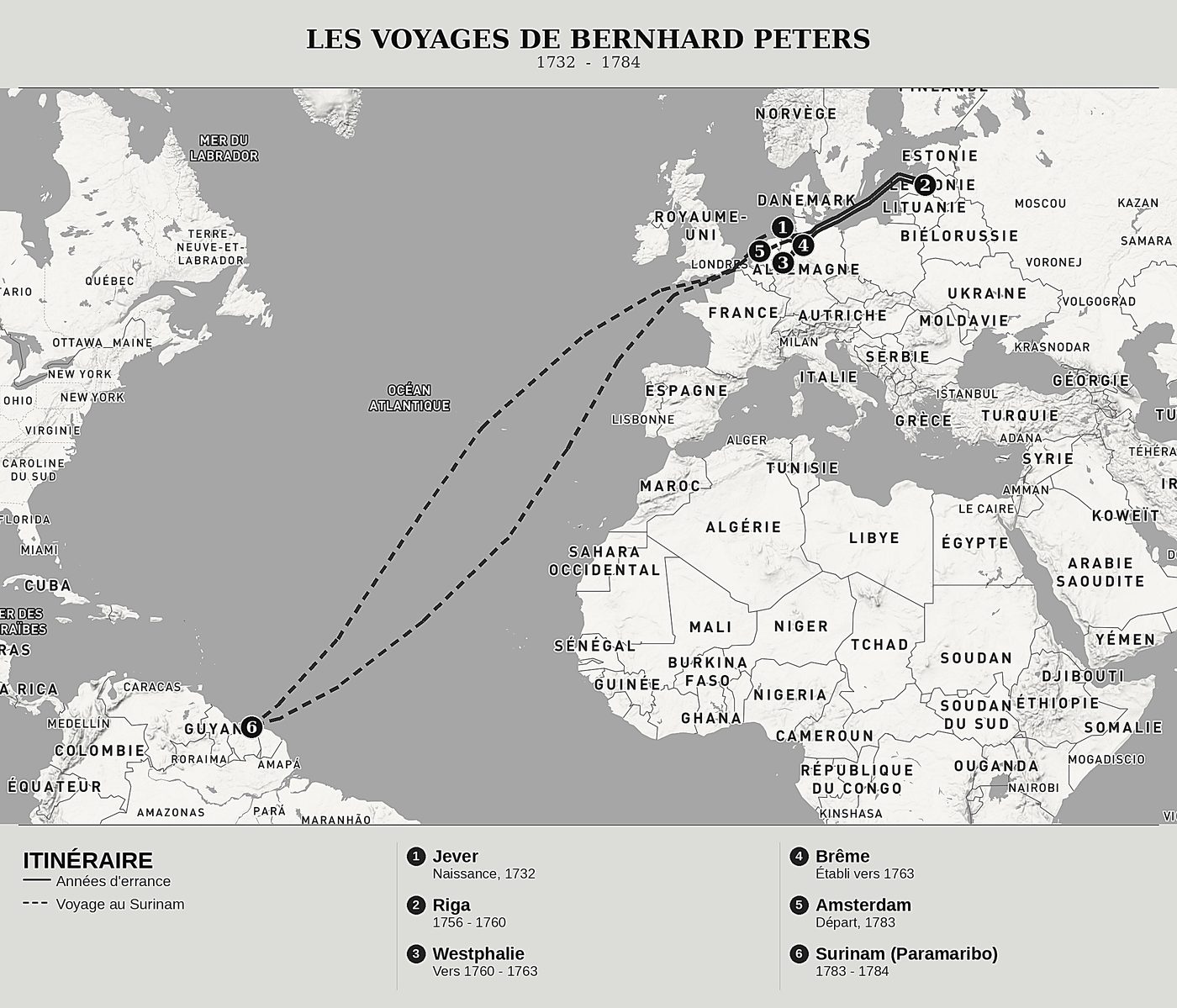 Carte d'ensemble de Un voyage des plus remarquables d'Amsterdam au Surinam de Bernhard Michael Peters, nord en haut : 1732 - 1784.