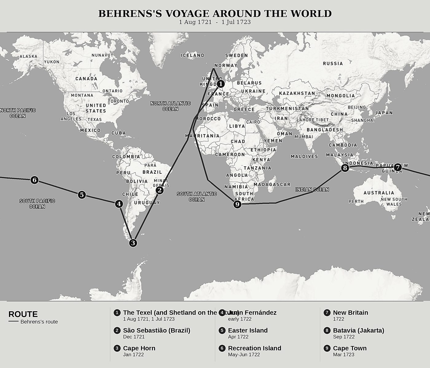 Overview map of The Seasoned Traveler of the Southern Lands by Carl Friedrich Behrens, north at top: 1 aug 1721  -  1 jul 1723.