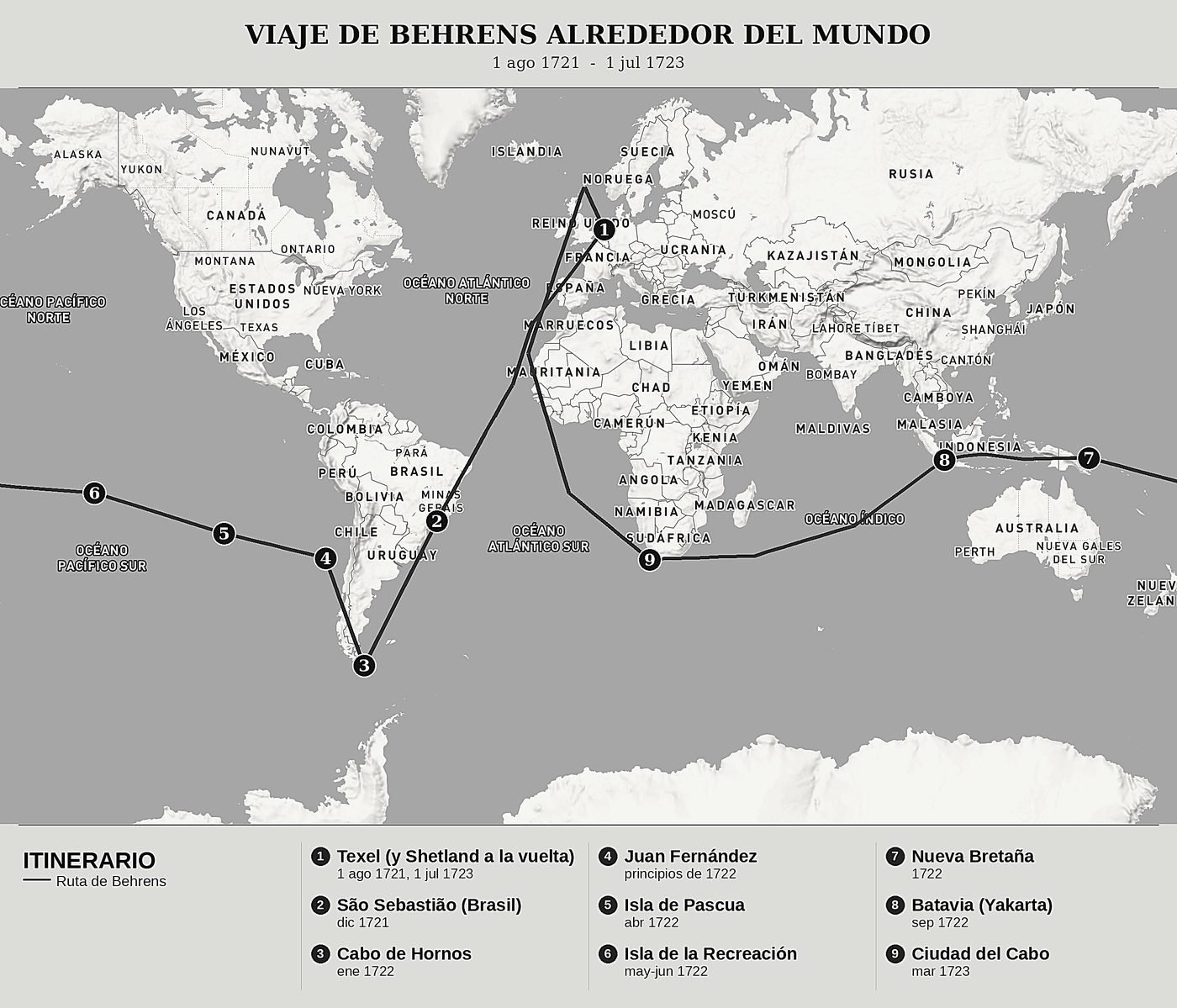Mapa general de El experimentado de las tierras australes de Carl Friedrich Behrens, norte arriba: 1 ago 1721  -  1 jul 1723.