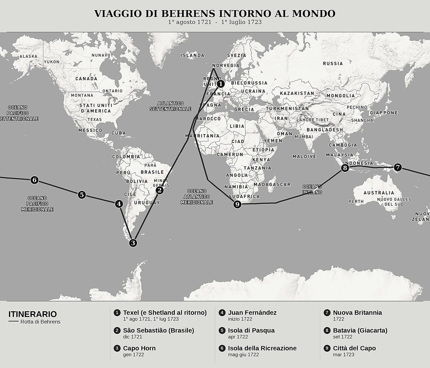 Mappa d'insieme di L'Esperto delle terre australi di Carl Friedrich Behrens, nord in alto: 1° agosto 1721  -  1° luglio 1723.