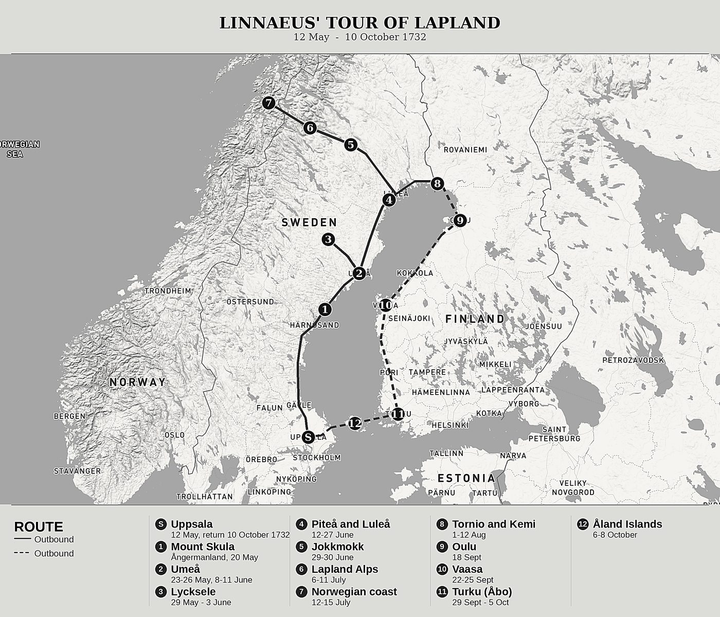 Overview map of Lachesis Lapponica, or a Tour in Lapland by Carl von Linné, north at top: 12 may  -  10 october 1732.