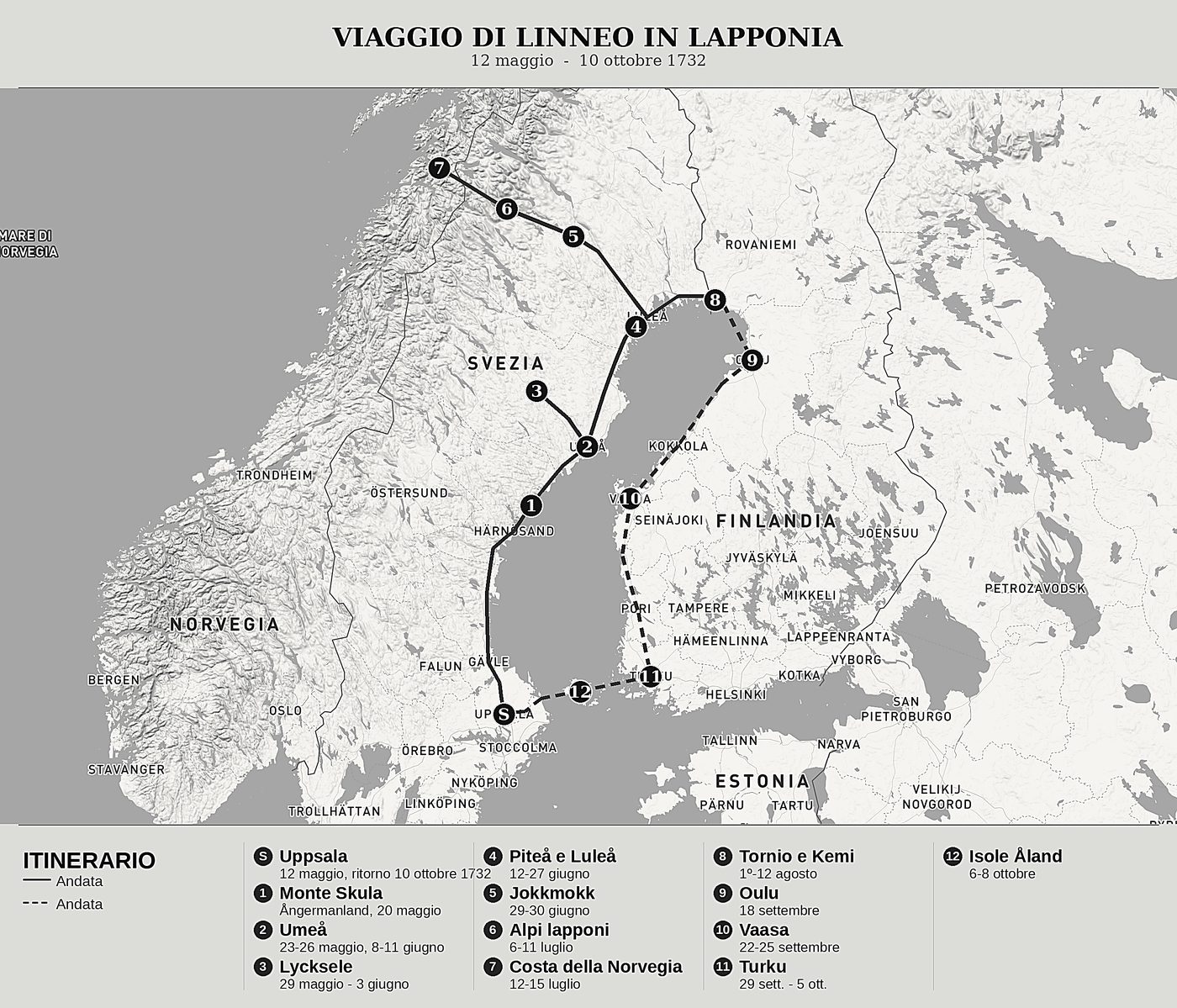 Mappa d'insieme di Viaggio in Lapponia di Carl von Linné, nord in alto: 12 maggio  -  10 ottobre 1732.