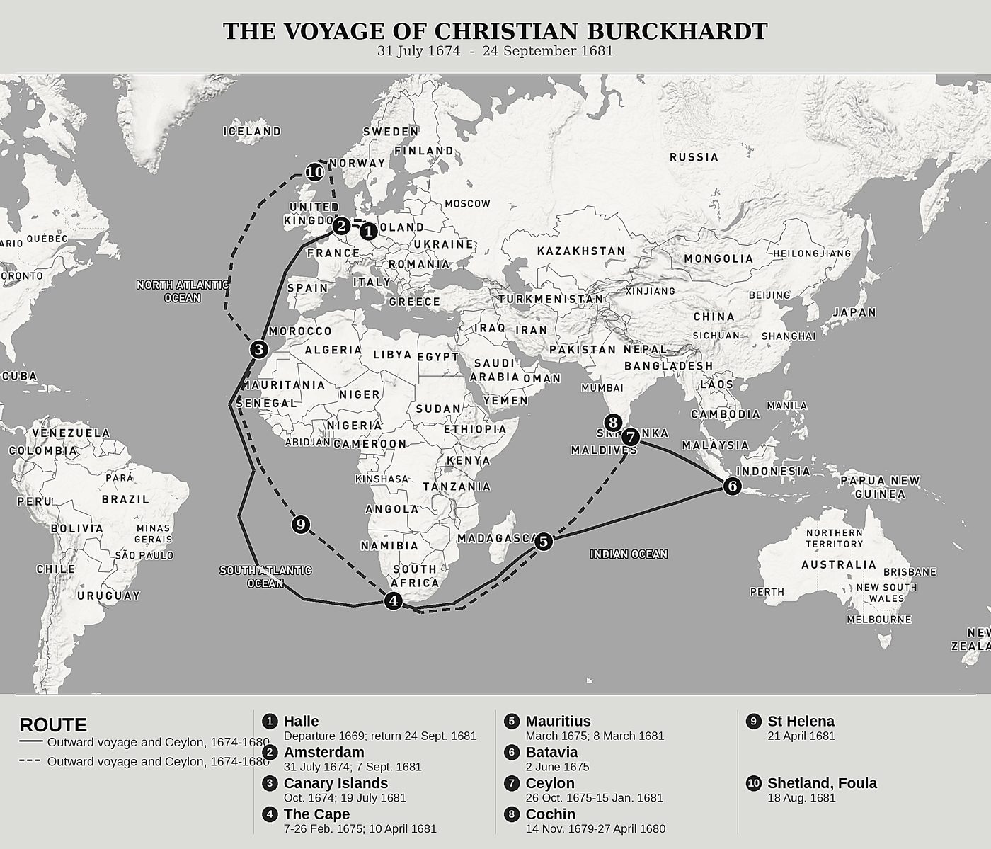 Overview map of An Account of a Voyage to the East Indies by Christian Burckhardt, north at top: 31 july 1674  -  24 september 1681.