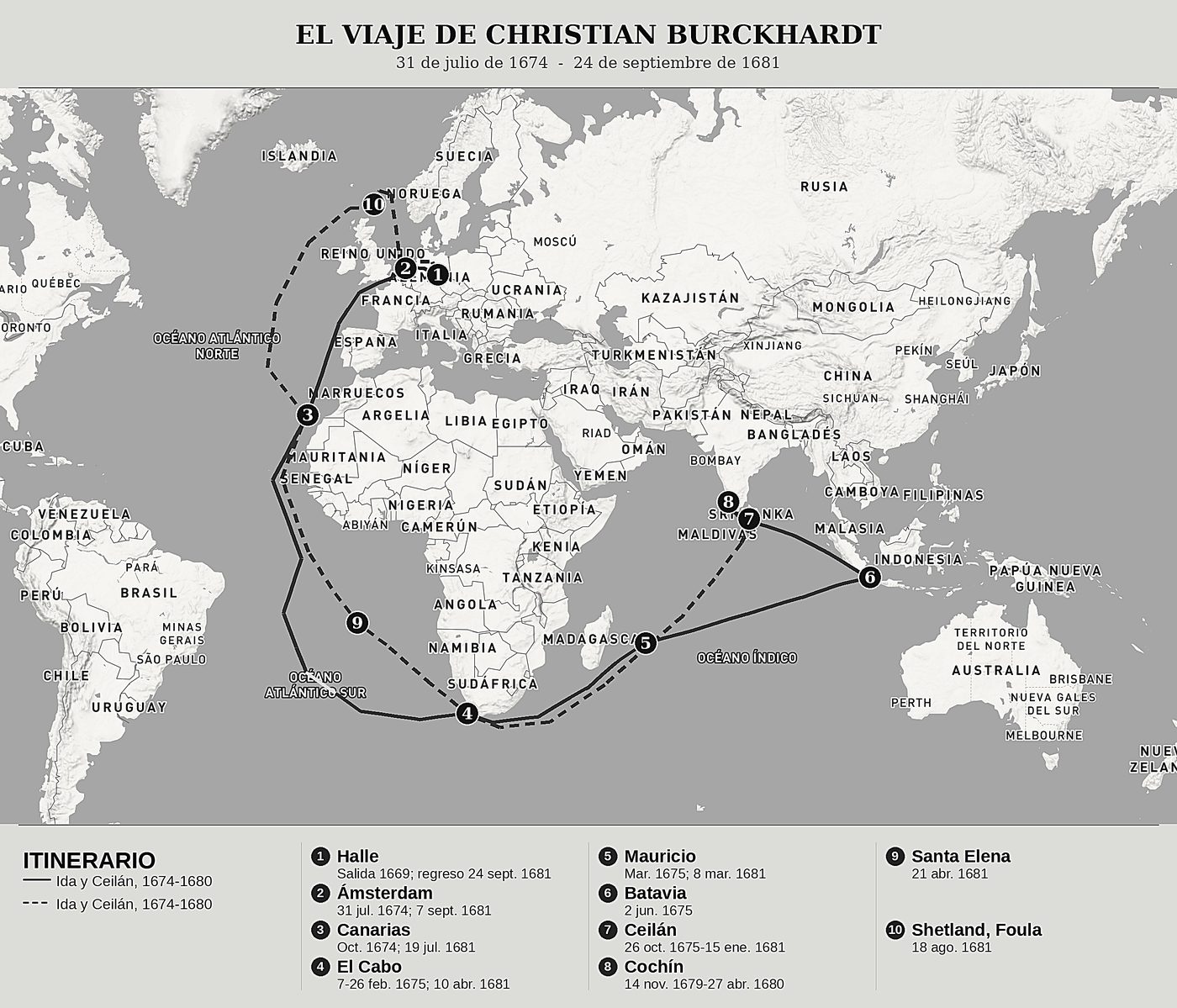 Mapa general de Relato de un viaje a las Indias Orientales de Christian Burckhardt, norte arriba: 31 de julio de 1674  -  24 de septiembre de 1681.