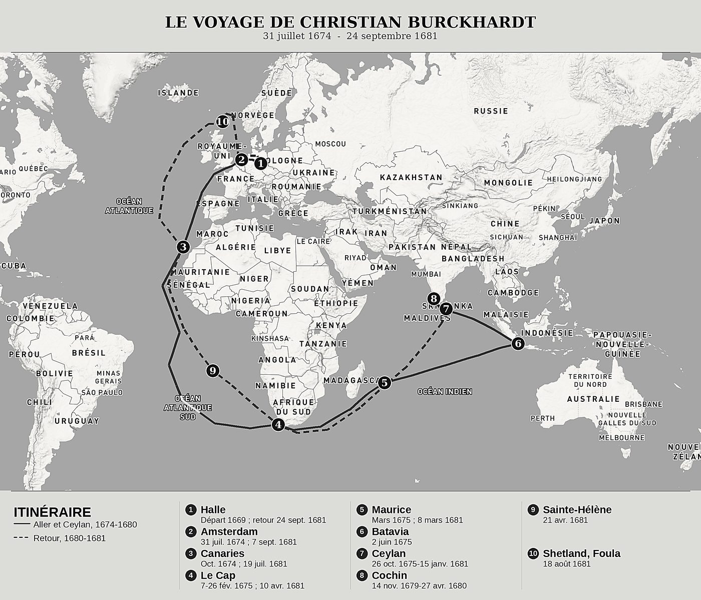 Carte d'ensemble de Relation d'un voyage aux Indes orientales de Christian Burckhardt, nord en haut : 31 juillet 1674  -  24 septembre 1681.