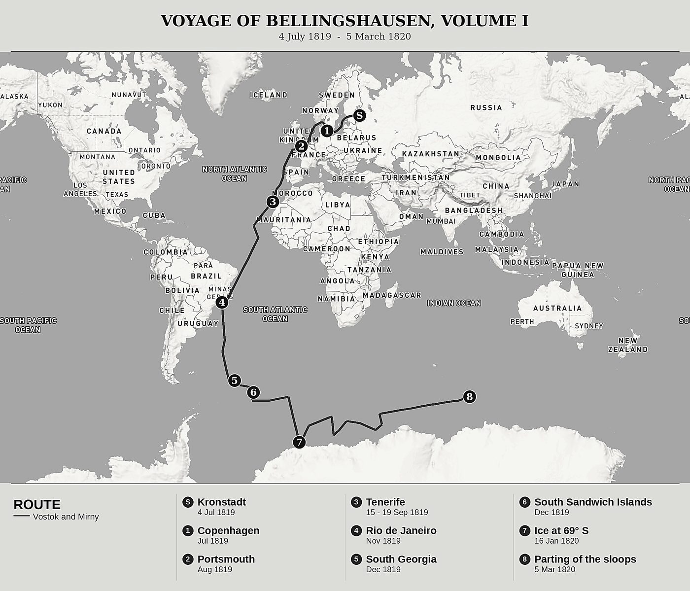 Overview map of The Voyage of Captain Bellingshausen to the Antarctic Seas, 1819-1821 by Fabian Gottlieb von Bellingshausen, north at top: 4 july 1819  -  5 march 1820.