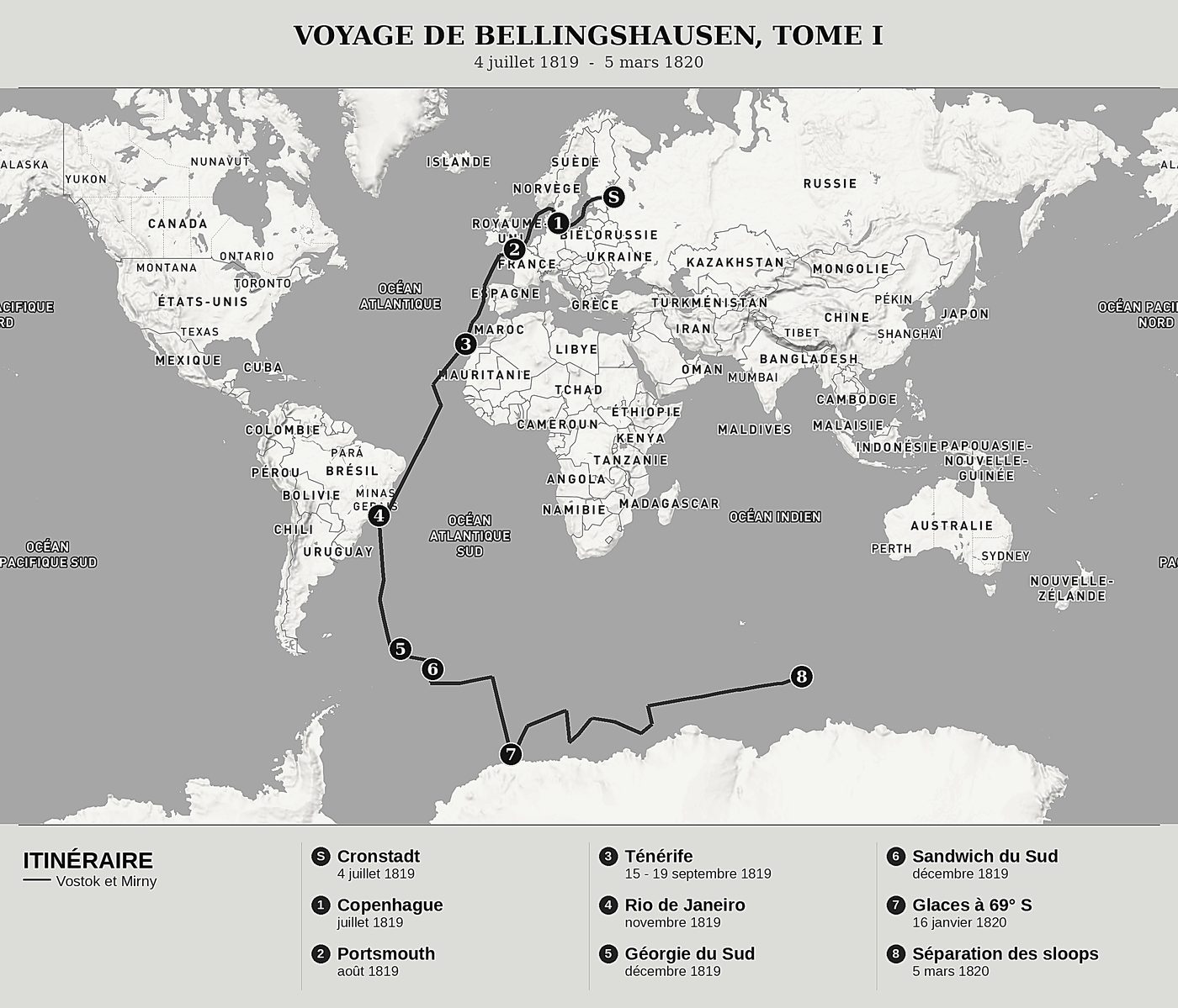 Carte d'ensemble de Double exploration de l'océan Glacial Antarctique, Tome I : Cronstadt, Rio de Janeiro et les glaces du pôle Sud de Fabian Gottlieb von Bellingshausen, nord en haut : 4 juillet 1819  -  5 mars 1820.