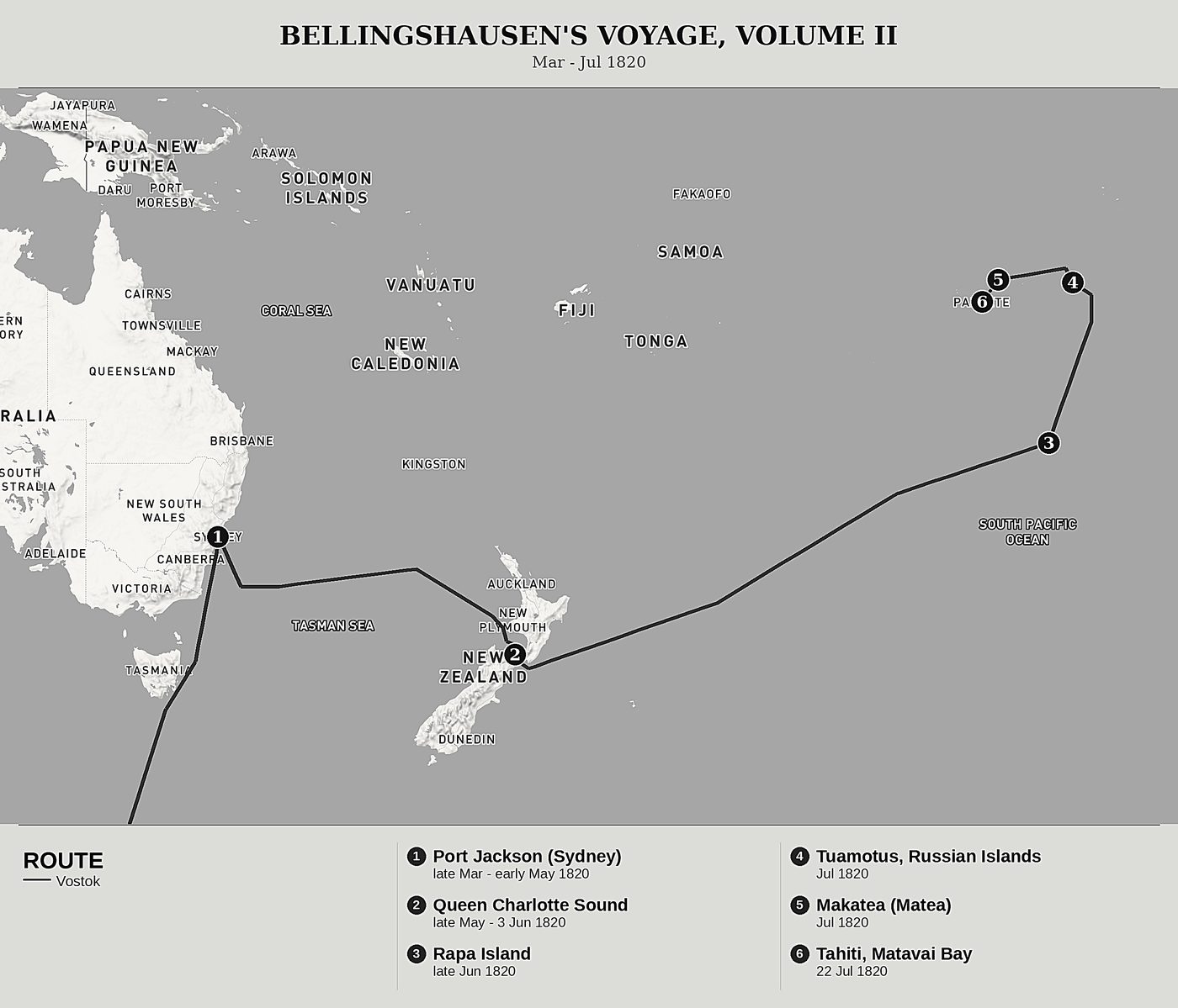 Overview map of Two Voyages of Exploration in the Antarctic Ocean, Volume II: Port Jackson, New Zealand, the Tuamotus and Tahiti by Fabian Gottlieb von Bellingshausen, north at top: mar - jul 1820.