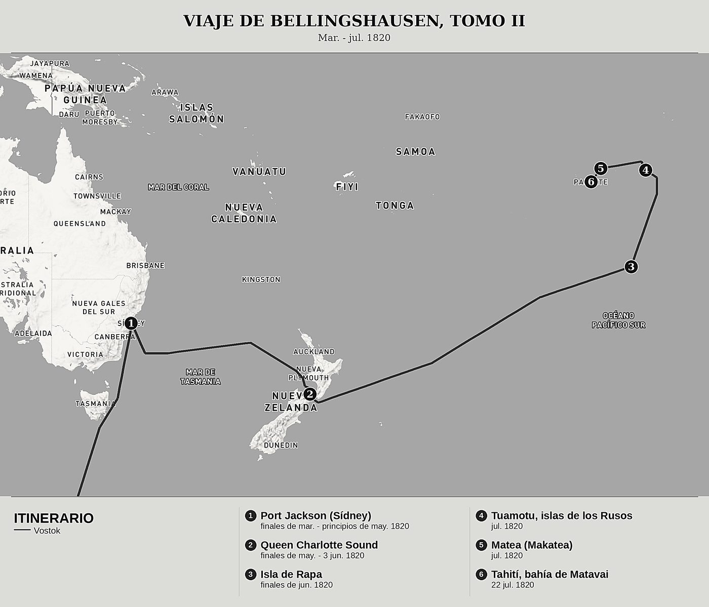 Mapa general de Doble exploración del océano Glacial Antártico, Tomo II: Port Jackson, Nueva Zelanda, las Tuamotu y Tahití de Fabian Gottlieb von Bellingshausen, norte arriba: mar. - jul. 1820.