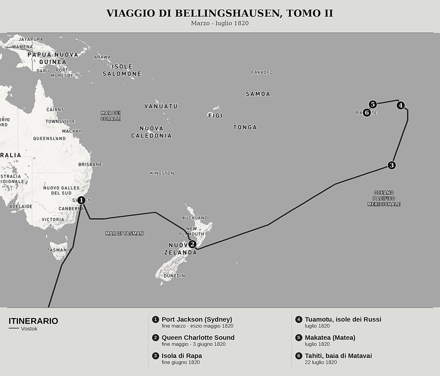 Mappa d'insieme di Doppia esplorazione dell'oceano Glaciale Antartico, Tomo II: Port Jackson, la Nuova Zelanda, le Tuamotu e Tahiti di Fabian Gottlieb von Bellingshausen, nord in alto: marzo - luglio 1820.