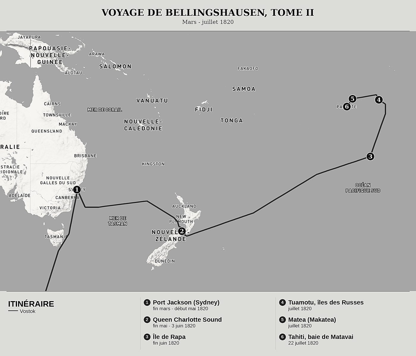 Carte d'ensemble de Double exploration de l'océan Glacial Antarctique, Tome II : Port Jackson, la Nouvelle-Zélande, les Tuamotu et Tahiti de Fabian Gottlieb von Bellingshausen, nord en haut : mars - juillet 1820.