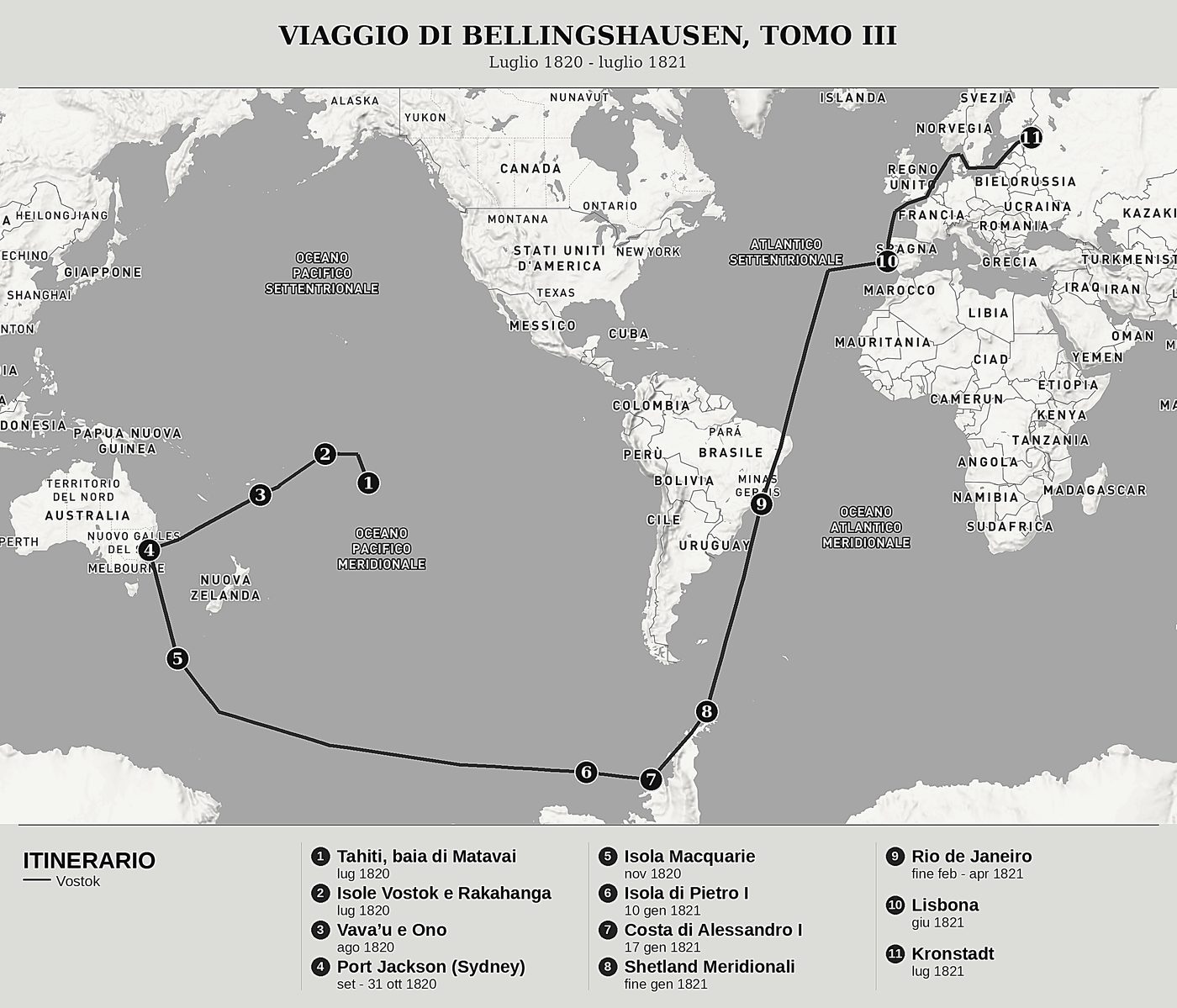 Mappa d'insieme di Doppia esplorazione dell'oceano Glaciale Antartico, Tomo III: Tahiti, l'isola di Pietro I, le Shetland Meridionali e il ritorno a Kronstadt di Fabian Gottlieb von Bellingshausen, nord in alto: luglio 1820 - luglio 1821.