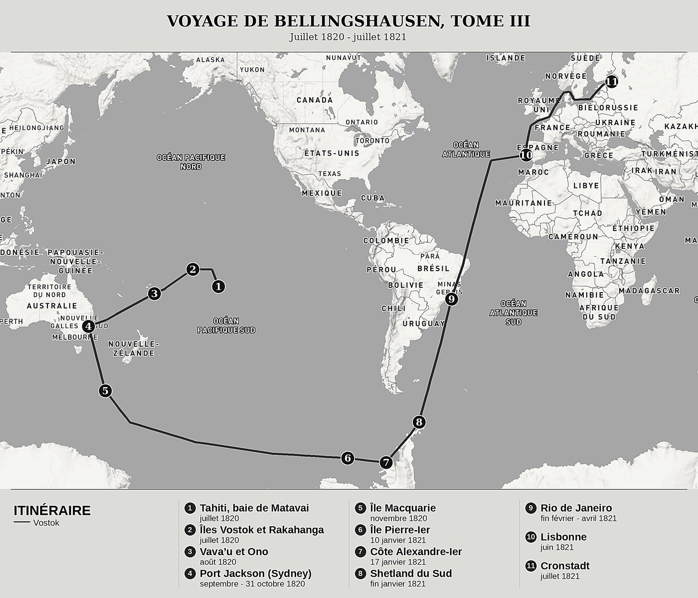 Carte d'ensemble de Double exploration de l'océan Glacial Antarctique, Tome III : Tahiti, l'île Pierre-Ier, les Shetland du Sud et le retour à Cronstadt de Fabian Gottlieb von Bellingshausen, nord en haut : juillet 1820 - juillet 1821.