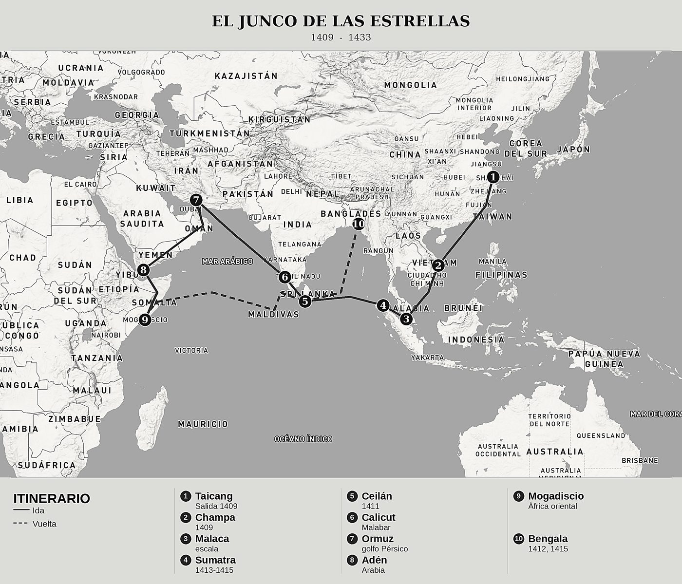 Mapa general de El junco de las estrellas de Fei Xin, norte arriba: 1409  -  1433.