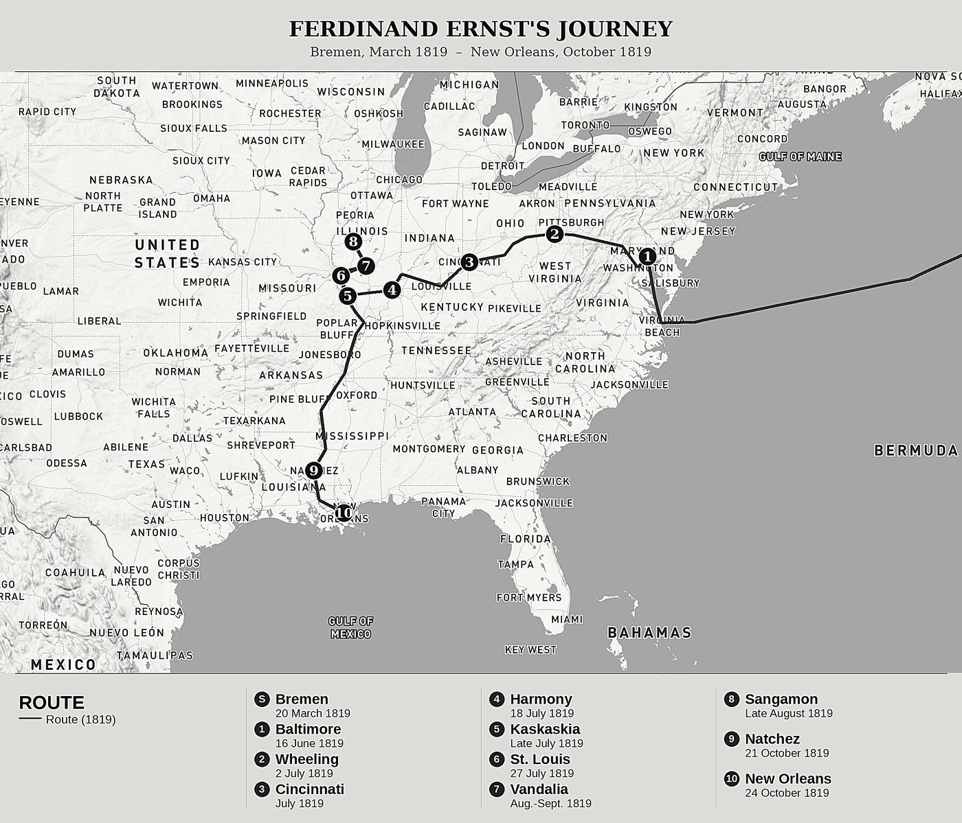 Overview map of A German in Illinois by Ferdinand Ernst, north at top: bremen, march 1819  –  new orleans, october 1819.