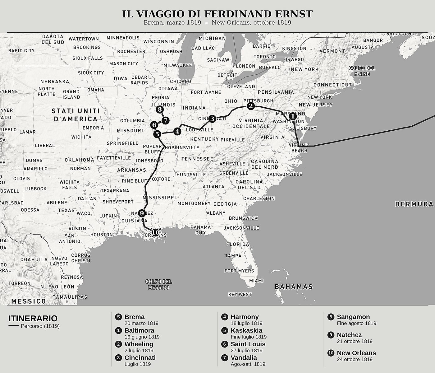 Mappa d'insieme di Un tedesco nell'Illinois di Ferdinand Ernst, nord in alto: brema, marzo 1819  –  new orleans, ottobre 1819.