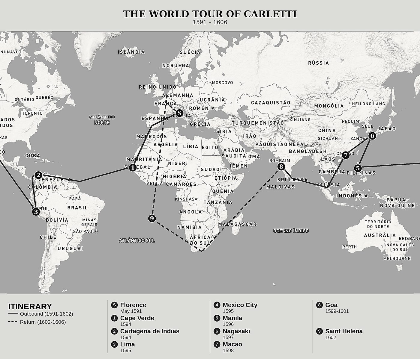 Overview map of The World Tour of Francesco Carletti by Francesco Carletti, north at top: 1591 – 1606.