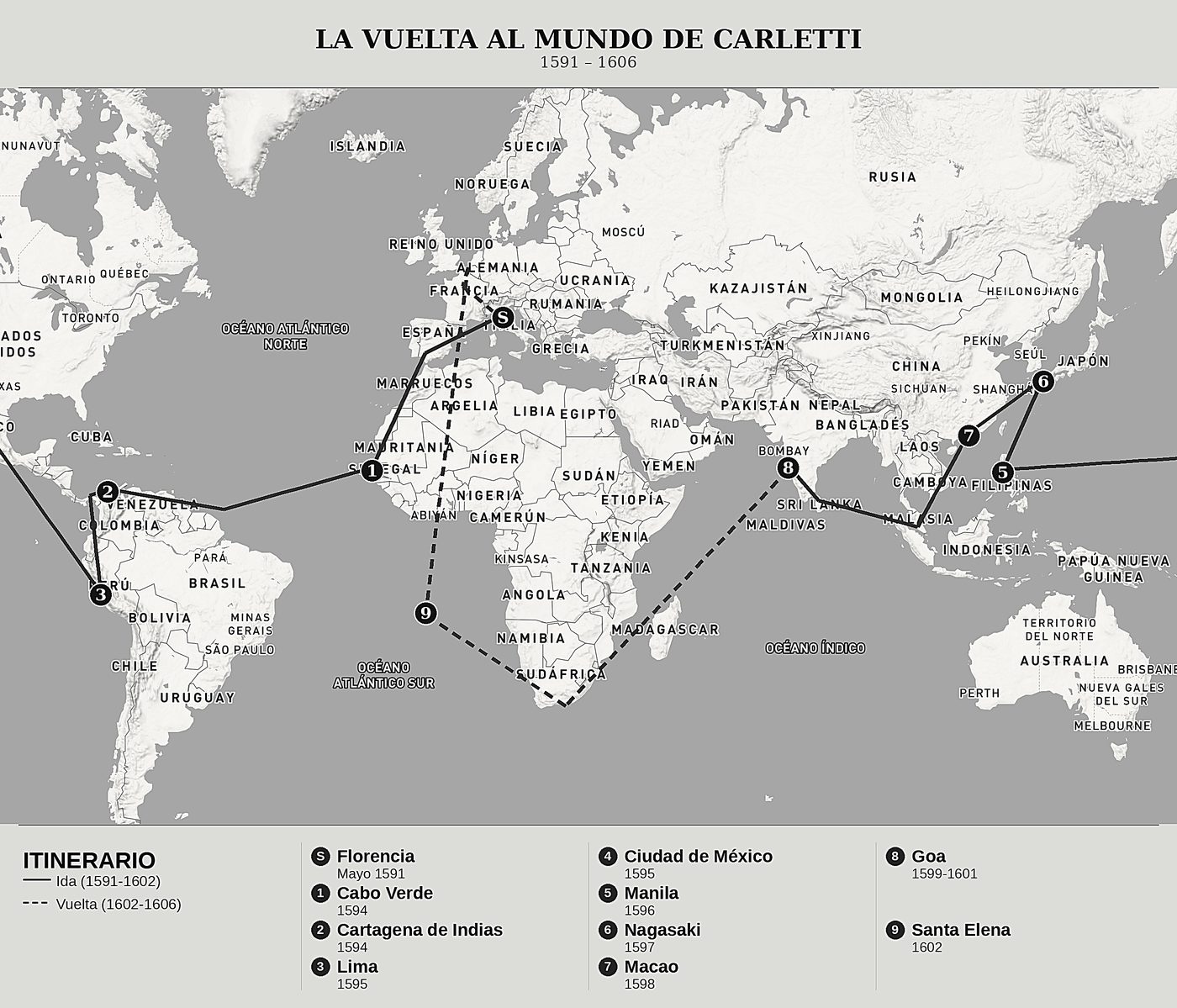 Mapa general de La vuelta al mundo de Francesco Carletti de Francesco Carletti, norte arriba: 1591 – 1606.