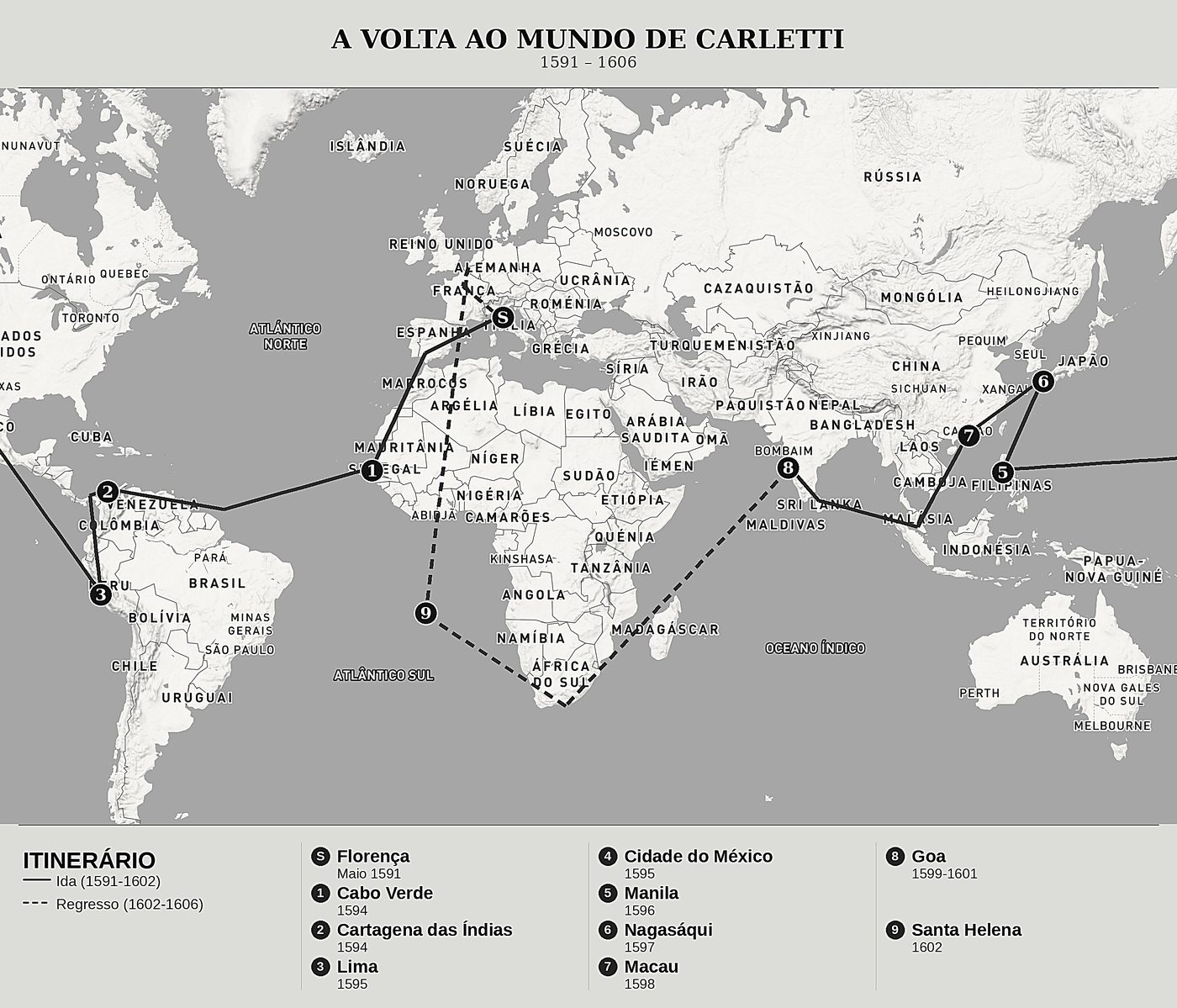 Mapa geral de A volta ao mundo de Francesco Carletti de Francesco Carletti, norte em cima: 1591 – 1606.